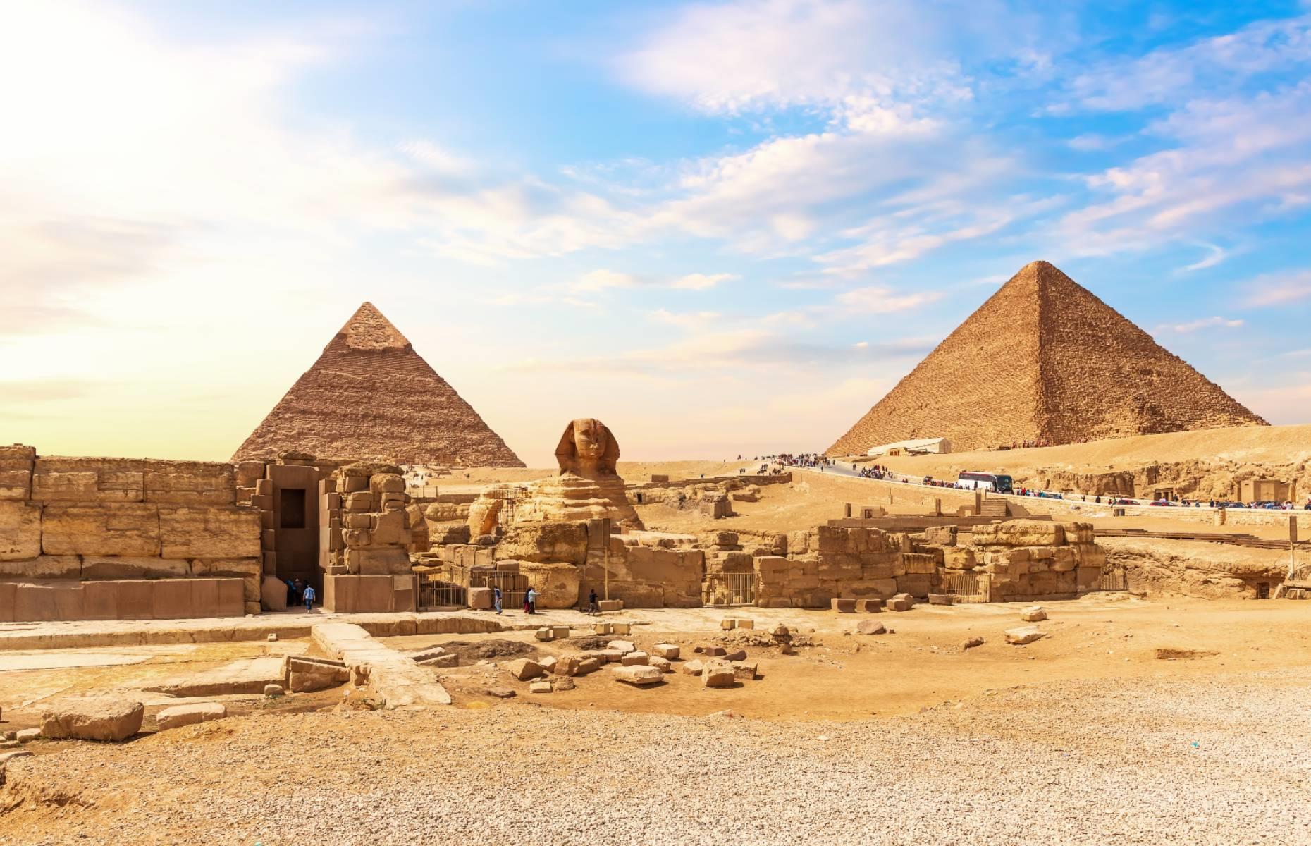 <p>Three mighty pyramids can be found at the site of Giza in northern Egypt. The largest, the Great Pyramid, originally stood at 482 feet (147m) and was constructed by King Khufu between 2550 and 2490 BC, using a whopping 2.3 million stone blocks. Khafre is the second largest and was built by King Khafre (2558-2532 BC), Khufu’s son – it’s widely believed that the Sphinx standing outside was built for Khafre too. Finally there’s Menkaure, standing at just 213 feet (65m) tall, which was completed in the 26th century BC. </p>  <p><a href="https://www.loveexploring.com/galleries/127144/secrets-of-the-pharaohs-inside-egypts-pyramids?page=1"><strong>These are the most amazing secrets hidden inside Egypt's pyramids</strong></a></p>