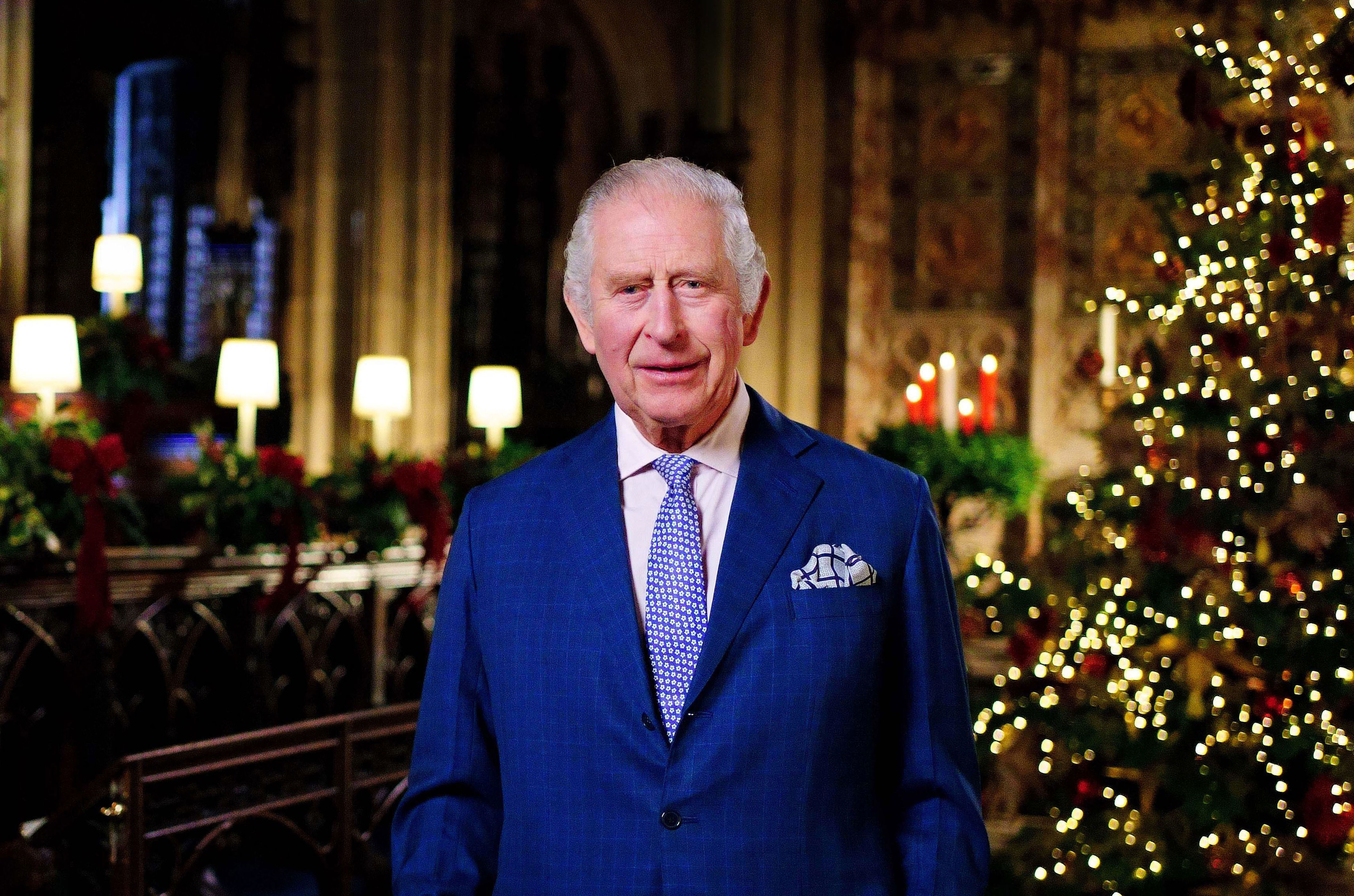 <p>In this image released on Dec. 23, 2022, King Charles III is seen recording his very first Christmas broadcast as sovereign. He taped his speech -- which will be aired across Britain on Christmas Day at 3 p.m. local time -- in the Quire of St. George's Chapel at Windsor Castle in Windsor, England, on Dec. 13, 2022.</p>