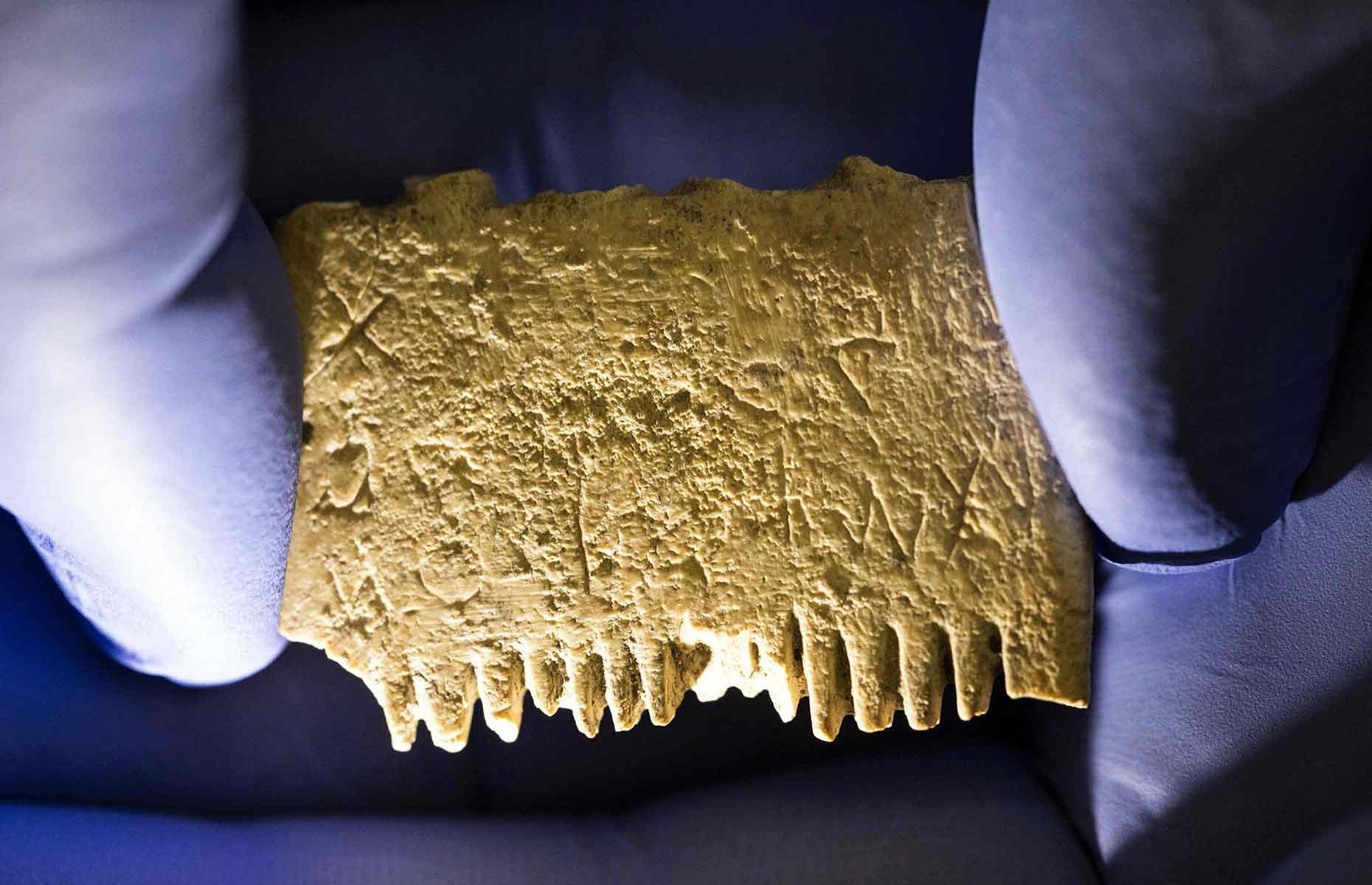 <p>The <a href="https://www.theguardian.com/science/2022/nov/09/oldest-known-written-sentence-discovered-on-a-head-lice-comb">oldest known sentence written in the earliest alphabet</a> has been discovered – on a head-lice comb. While the 3.5cm-long tool was discovered in 2017, its engravings were only spotted in 2021; the text reads "May this tusk root out the lice of the hair and beard". The find was excavated in Lachish, an ancient Canaanite city state, and possibly dates to 1700 BC. Archaeologists say this was a luxury item as most others were simply made from wood or bone.</p>