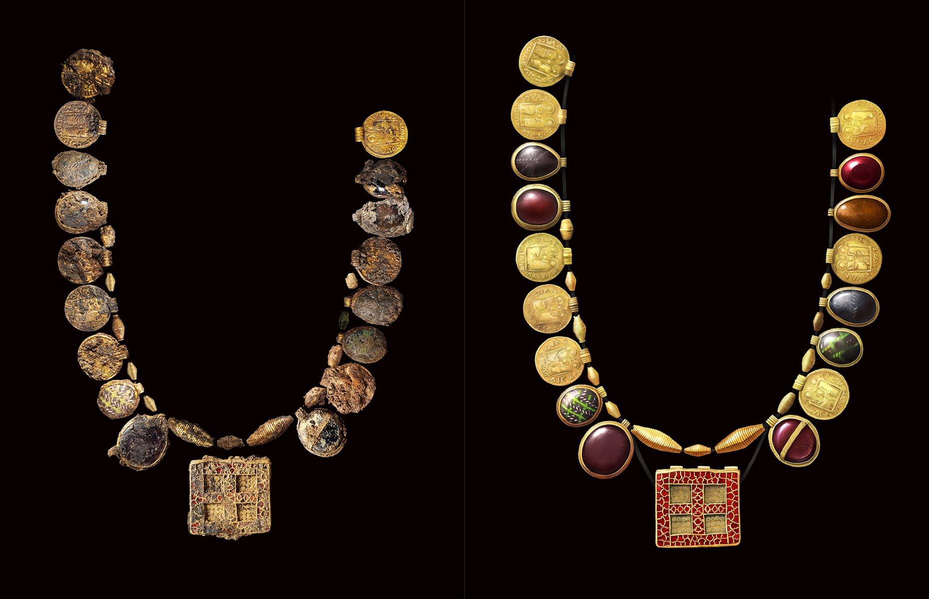 <p>Archaeologists in the UK have uncovered a "once-in-a-lifetime" find – a grand medieval necklace adorned with Roman coins, gold, garnets and semi-precious stones, with an intricate rectangular cross as its centrepiece. A burial item, likely draped around the neck of a devout, high-status woman (an abbess perhaps, or a minor royal), the ornament was plucked from the ground in the village of Harpole ahead of a proposed housing development, where it had lain for more than 1,350 years. Already nicknamed 'the Harpole Treasure', the necklace is much more extravagant than any other find of its kind, better-made and better-preserved than the Saxon necklaces found in the British Museum.</p>