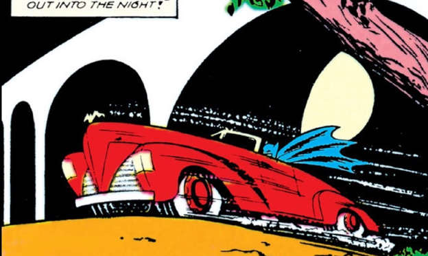 Diapositive 2 sur 20: La première référence à la Batmobile figure dans le numéro 48 de la revue Detective Comics paru en 1941, où l’on voit une décapotable apparemment inspirée de la Cord Roadster au capot orné d’une petite chauve-souris en or.