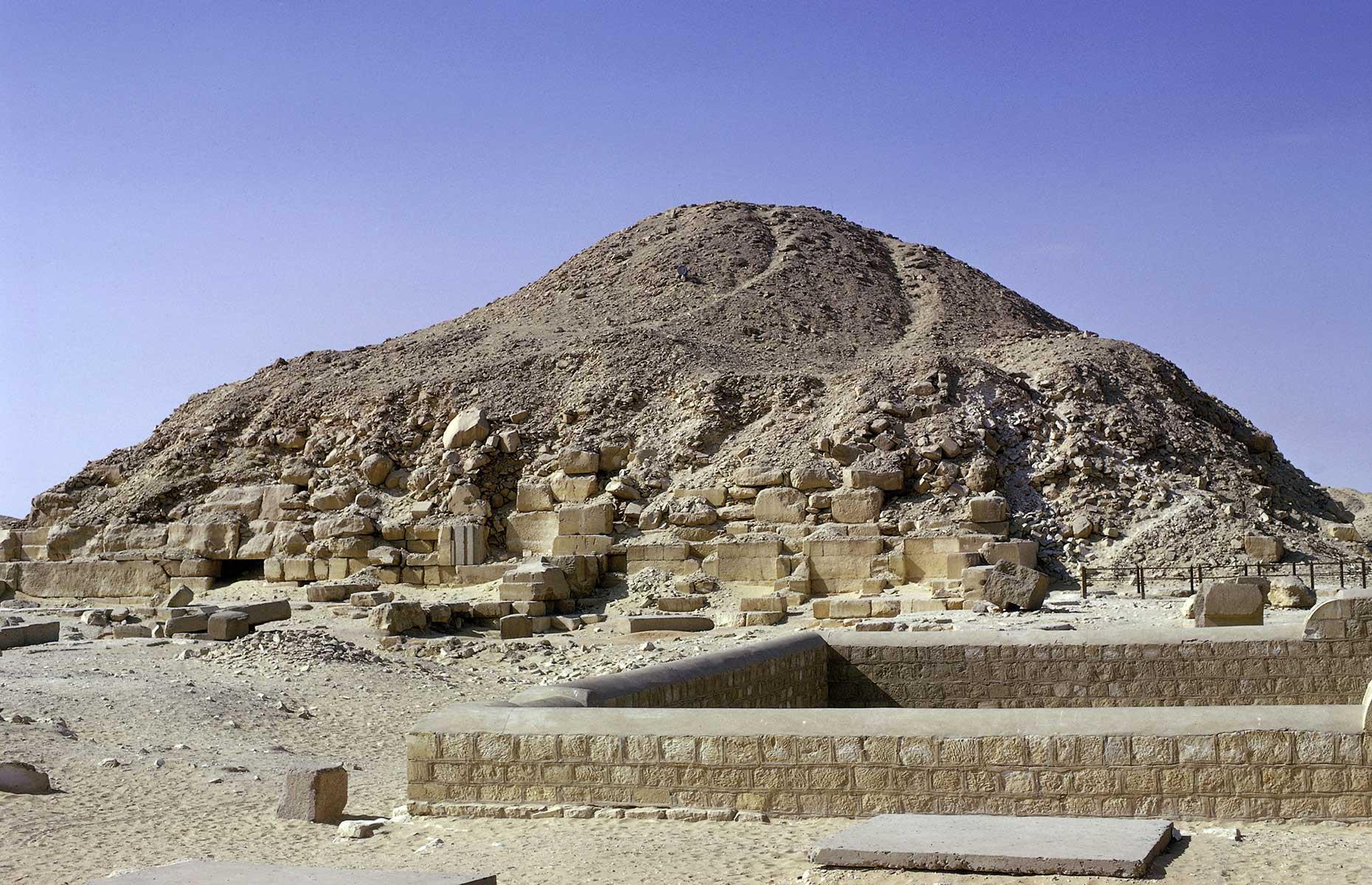 <p>King Unas (2465-2325 BC) ruled during the Fifth Dynasty, and his pyramid at Saqqara was once 141 feet (43m) tall, but it fell into decay after his death and later Egyptian kings <a href="https://egymonuments.gov.eg/en/monuments/pyramid-of-unas">removed and reused most of the stones</a>. The pyramid has long been in a sorry state, but you can still see an inscription left by Prince Khaemwaset, the son of Ramesses II and High Priest of Ptah in Memphis, <a href="http://www.ancient-egypt.org/history/old-kingdom/5th-dynasty/unas/pyramid-complex-of-unas/pyramid-of-unas.html">who restored the monument</a> in the 13th century BC.</p>