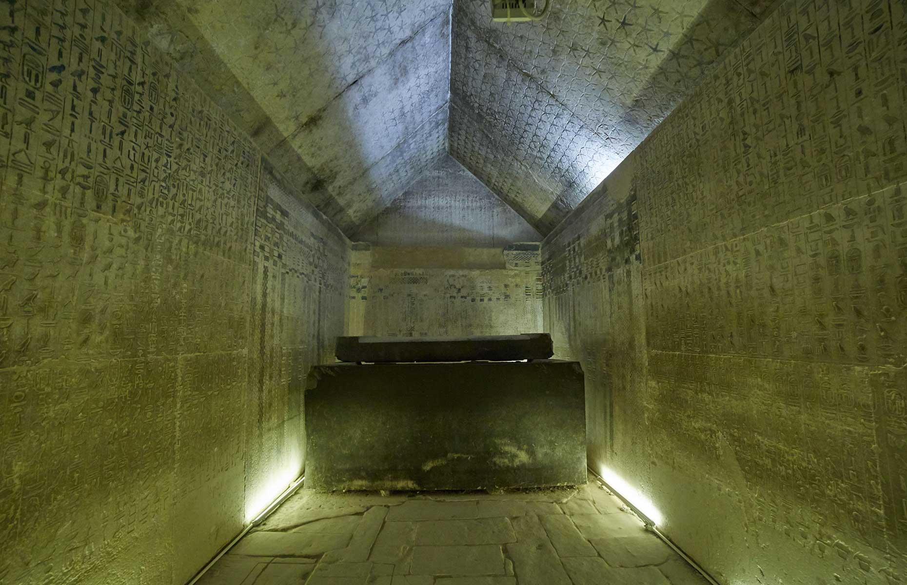<p>Inside King Unas's burial chamber was the sarcophagus. The chamber's ceiling was beautifully patterned with gold stars against a night-blue sky. While the contents were robbed long before excavations could begin, the <a href="http://www.ancient-egypt.org/history/old-kingdom/5th-dynasty/unas/pyramid-complex-of-unas/pyramid-of-unas.html">mummified remains of a left arm, hand and skull</a> were found amongst the debris. Could these belong to the former pharaoh?  </p>