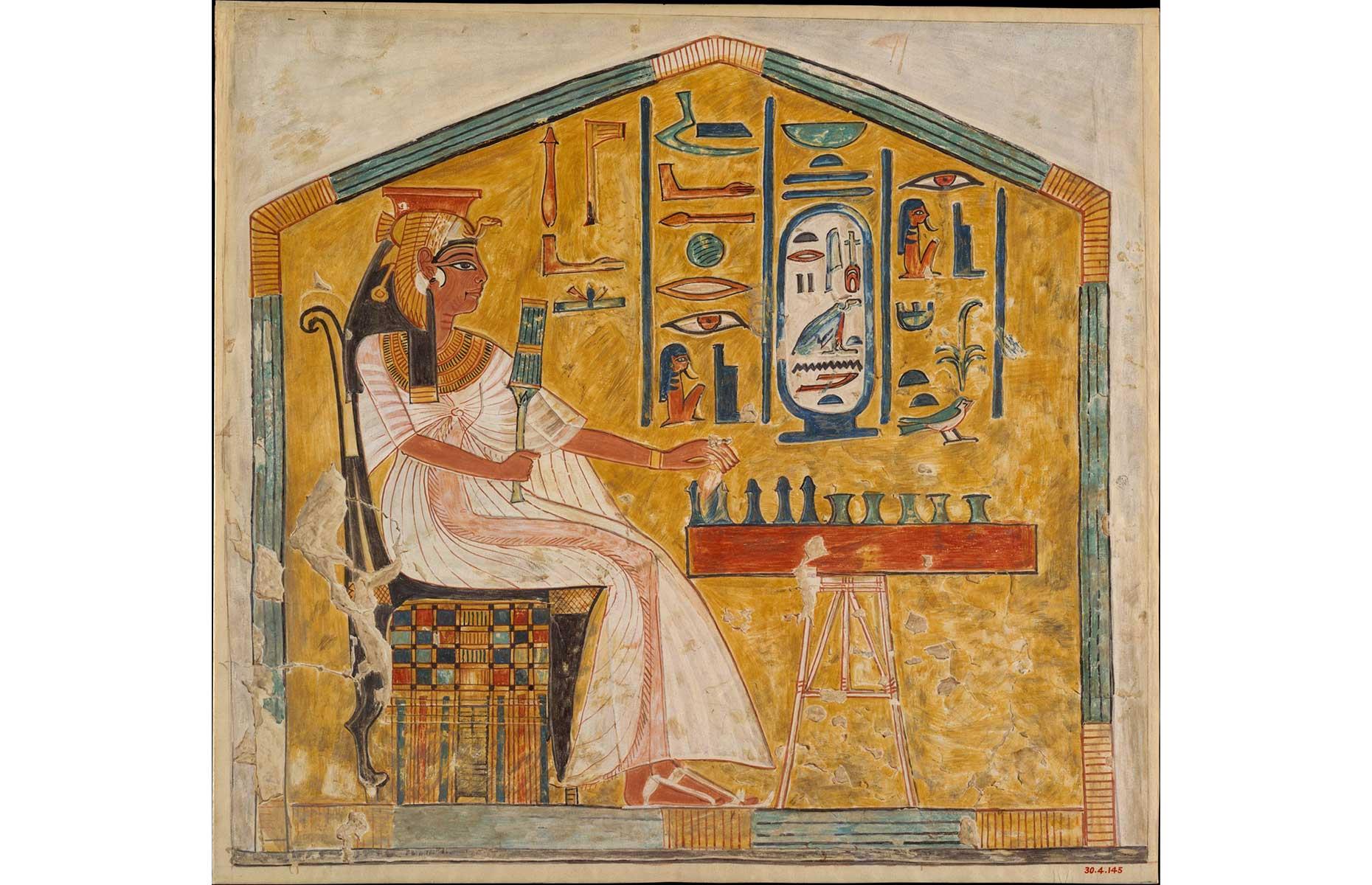 <p>This colourful painting of Queen Nefertari was found in her tomb in the Valley of the Queens in Luxor (ancient Thebes). The royal lady was buried in a small rock-cut temple and is depicted here playing a <a href="https://www.metmuseum.org/art/collection/search/548355">popular ancient Egyptian game called senet</a>. The game has symbolic meaning; senet meant 'passing', and it was seen as a parallel for the journey into the afterlife.</p>