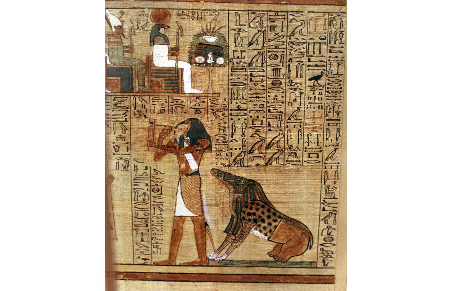 <p>The Book of the Dead is the umbrella term for a series of ancient Egyptian texts. Specific chants (or 'utterances') were typically copied onto papyrus scrolls and placed in tombs, like the fragment from the tomb of Theban scribe Ani in Luxor pictured here, which dates back to 1250 BC and is <a href="https://www.britishmuseum.org/collection/object/Y_EA10470-3">on display at the British Museum</a>. This scene depicts the Hall of Judgement, with Ani muttering Spell 30B as his heart is weighed on the scales of justice, determining whether he'd make it to paradise or not. Spells from the Book of the Dead also adorned mummy bandages and even Tutankhamun's golden death mask.</p>
