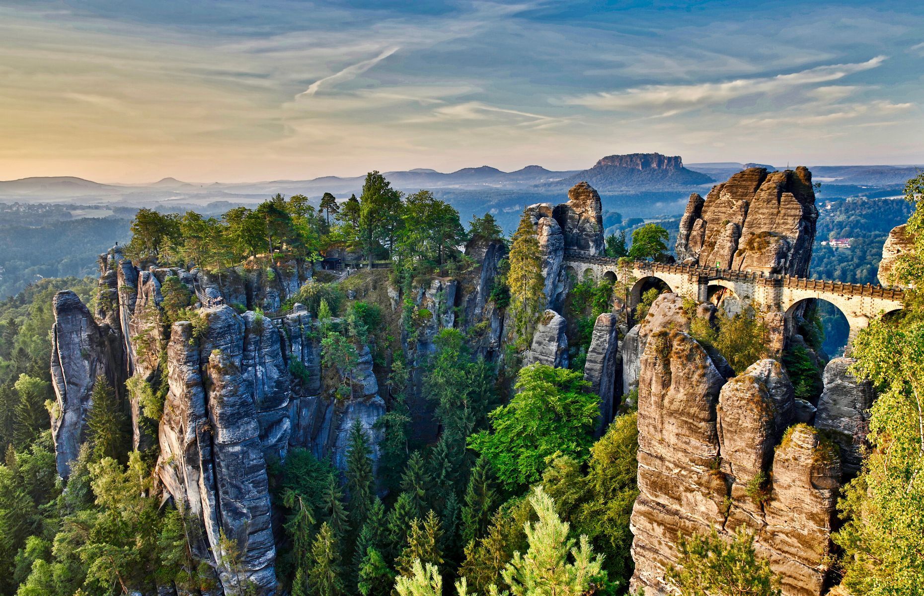 Located in southern Germany’s Saxon Switzerland National Park, <a href="https://www.saechsische-schweiz.de/en/" rel="noreferrer noopener">Bastei Bridge</a> is an impressive 305-metre (1,000-foot) rock formation created by erosion more than one million years ago. The view of the Elbe Valley is simply incredible.