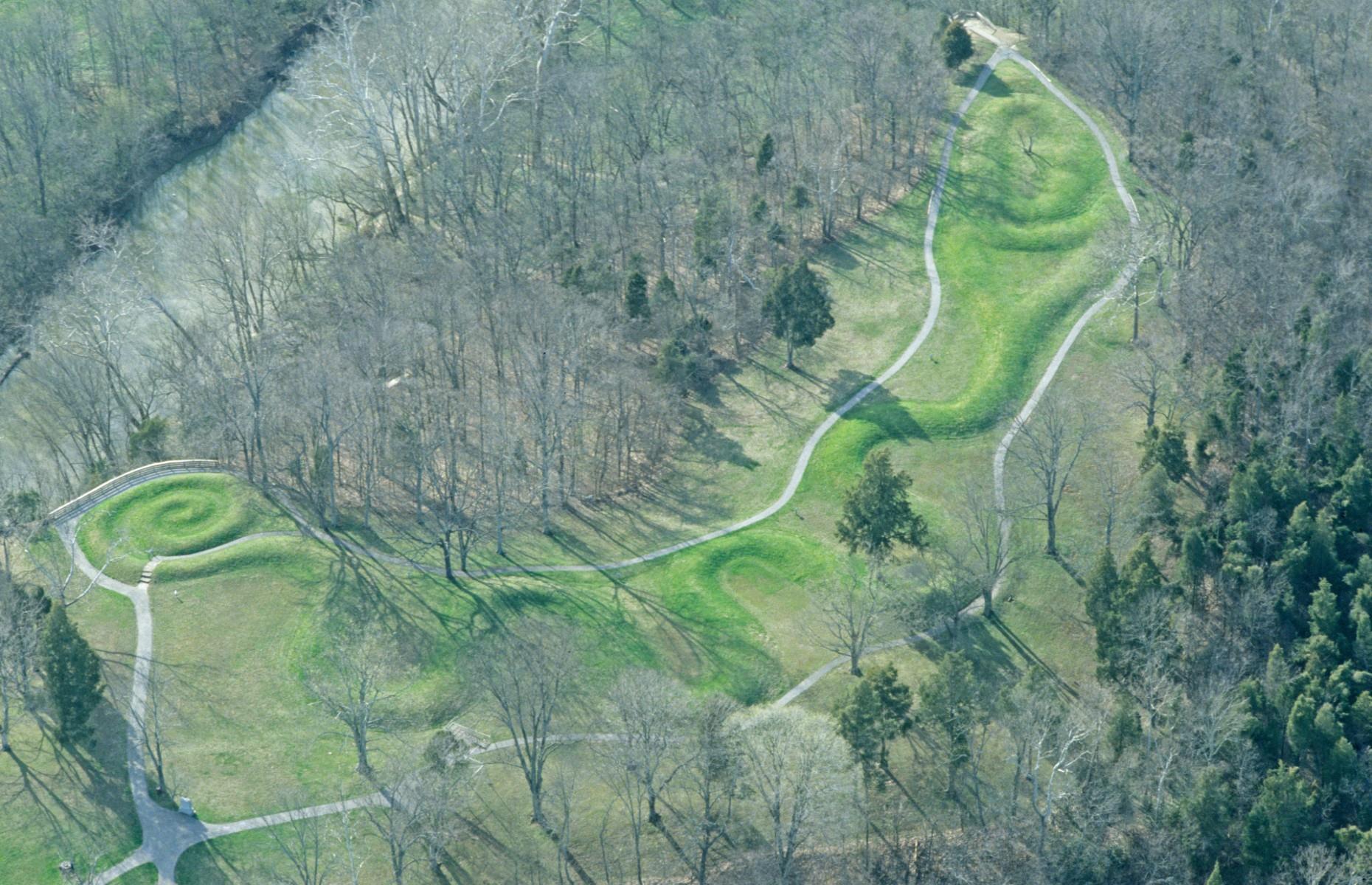 <p>Ohio is another state peppered with ancient mounds. Today, <a href="https://www.hmdb.org/m.asp?m=174985">six remaining mounds</a> make up the Wolf Plains in Athens, built by the Adena culture between 800 BC and AD 100. This area was a center of activity in ancient times, with everything from sports enclosures to spiritual sites. Other mounds in Ohio have similar dates; the legendary Great Serpent Mound (pictured) in Peebles, created from around 800 BC, is <a href="https://www.metmuseum.org/toah/hd/serp/hd_serp.htm">the world’s largest serpent effigy</a>.</p>