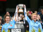 Dublin's Niamh Collins and Carla Rowe lift the Mary Ramsbottom Cup after the Leinster LGFA Senior Football Championship Final match beween Meath and Dublin at Croke Park in Dublin. Pic: Stephen McCarthy/Sportsfile
