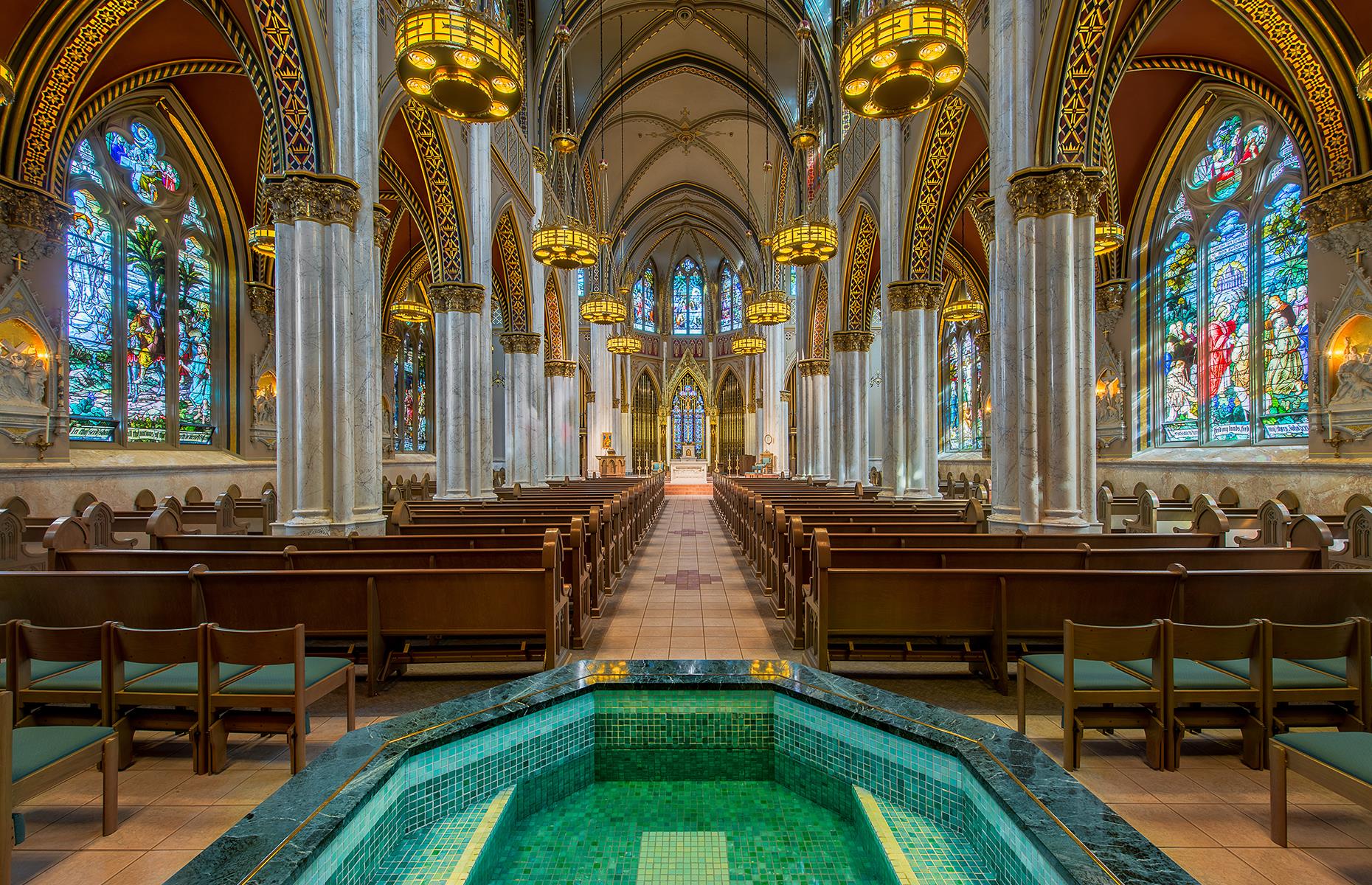 A beautiful example of Neo-Gothic architecture, the Cathedral of St Helena sits on a hill overlooking the city and the surrounding Rocky Mountains. Made of stone with two bell towers, the church was finished in 1914. Its interior is particularly impressive with lots of intricate gold detailing and vibrant stained-glass windows. The baptismal font (in the foreground of this image) adds a lovely splash of color.