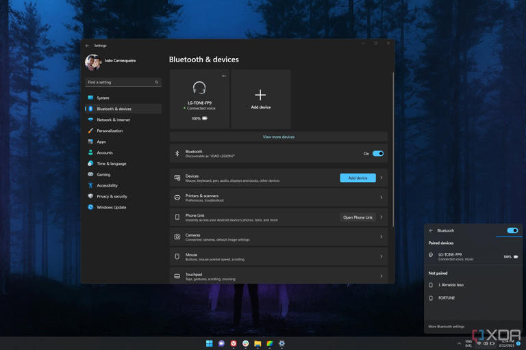 Screenshot of Bluetooth devices in the Windows 11 Settings app and Quick Settings panel