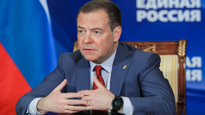 Russian Security Council Deputy Chairman and the head of the United Russia party Dmitry Medvedev chairs a meeting on saving businesses and jobs in foreign companies via video link at Gorki state residence, outside Moscow on March 16. Yekaterina Shtukina, Sputnik, Government Pool Photo via AP