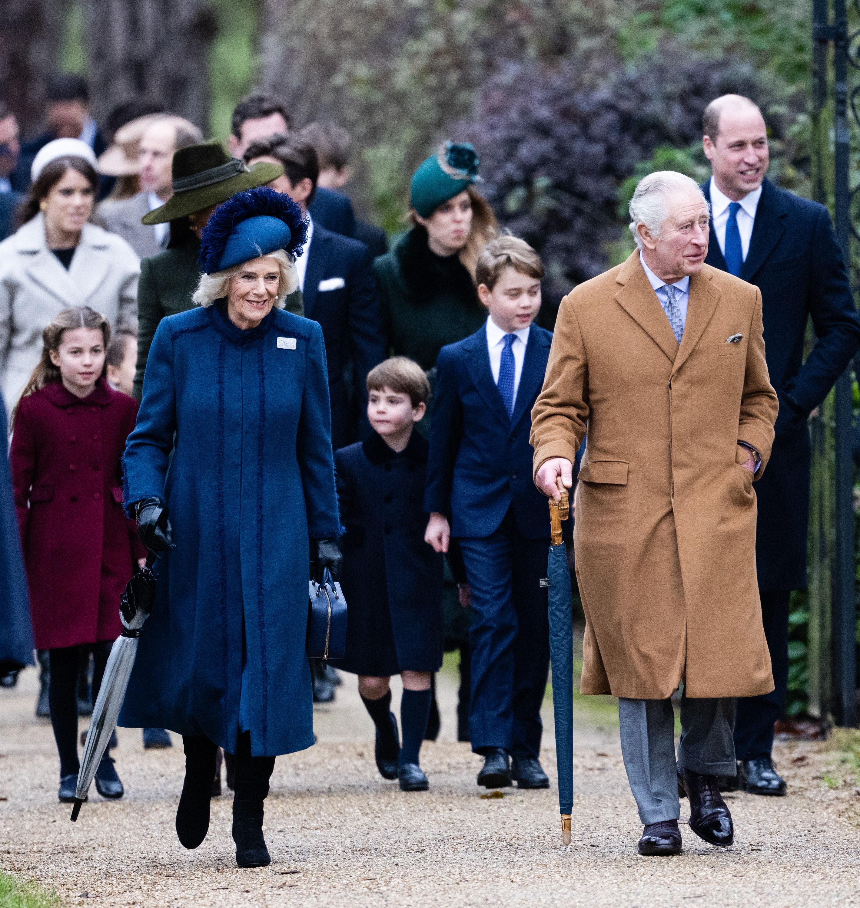 <p>Queen Consort Camilla and King Charles III led their three grandchildren -- Princess Charlotte, Prince Louis and Prince George -- plus other members of the royal family including Prince William to Christmas services at St. Mary Magdalene Church at the king's Sandringham estate in Norfolk, England, on Dec. 25, 2022. </p>
