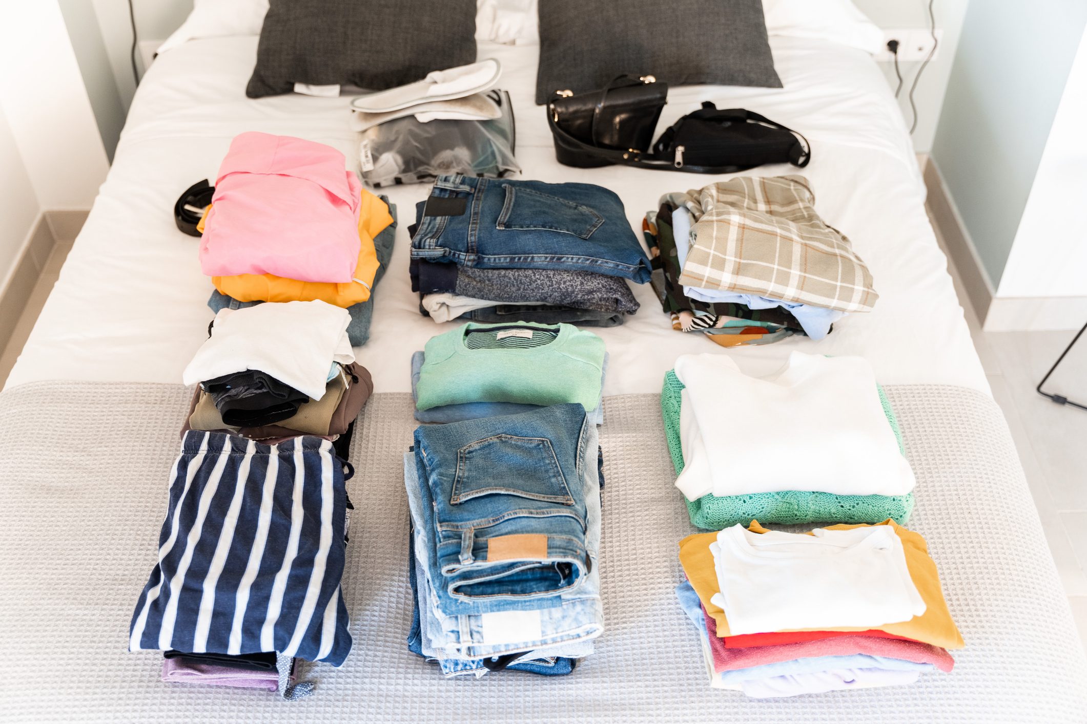 <p>It's much easier to pack if you lay everything out before you begin rather than going back and forth to your closet. Refer to your packing list and place each item in front of you. This way, you can see what you might be missing, as well as what needs to go into your suitcase in the order that most makes sense.</p> <p>Laying everything out also ensures you're not packing items that will get your <a href="https://www.rd.com/list/luggage-problems-tsa-security/" rel="noopener noreferrer">checked luggage flagged by TSA</a>. You can decide if you want to use <a href="https://www.amazon.com/Shacke-Pak-Packing-Organizers-Laundry/dp/B0BCM8CPJ5?th=1" rel="noopener noreferrer">packing cubes</a>, which many travelers swear by to organize and save space.</p> <p class="listicle-page__cta-button-shop"><a class="shop-btn" href="https://www.amazon.com/Shacke-Pak-Packing-Organizers-Laundry/dp/B0BCM8CPJ5?th=1">Shop the Packing Cubes</a></p>