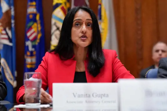 Associate Attorney General Vanita Gupta speaks during a Reproductive Rights Task Force meeting at the Department of Justice in Washington, Monday, Jan. 23, 2023.