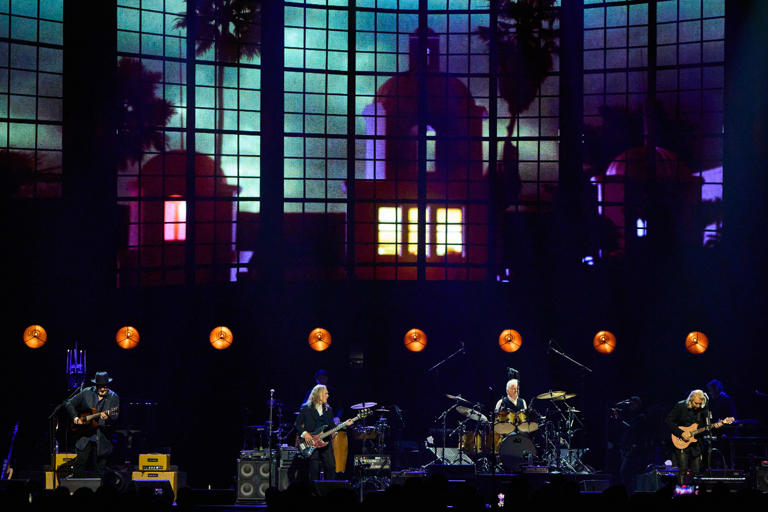 The Eagles perform their hit song "Hotel California" to open their Hotel California tour stop at Footprint Center in Phoenix on March 1, 2023.