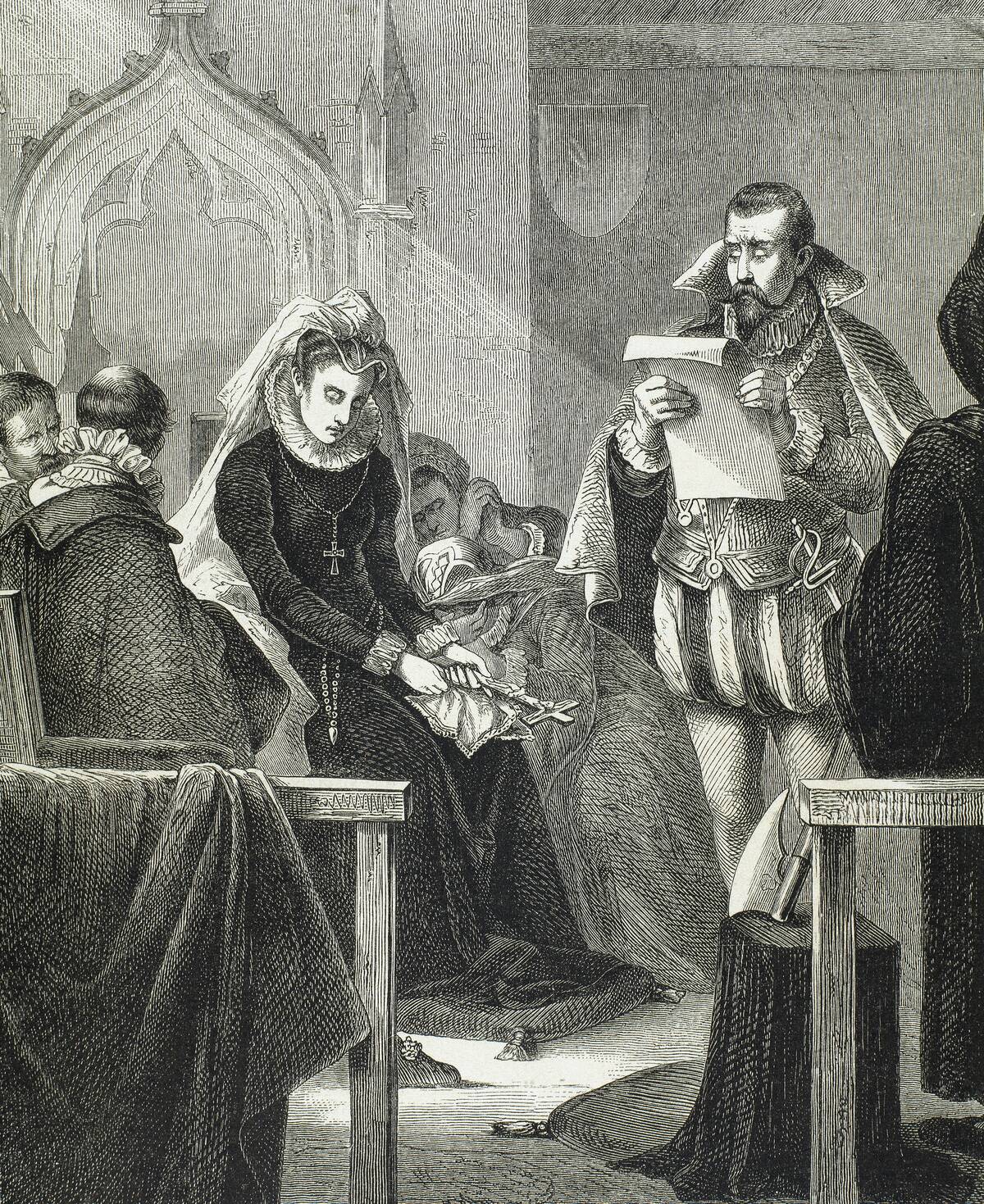 <p>Mary, Queen of Scots, arrived to her death with dignity. Within the Great Hall at Fotheringhay Castle, a scaffold was erected and draped in black cloth. It was furnished with the block and a cushion for Mary to kneel on. Three stools were also set up; two for the witnesses and one for Mary.</p> <p>As it was typical to ask the pardon of the one being put to death, the executioner knelt before Mary and asked her forgiveness to which she replied, "I forgive you with all my heart, for now, I hope, you shall make an end of all my troubles."</p>