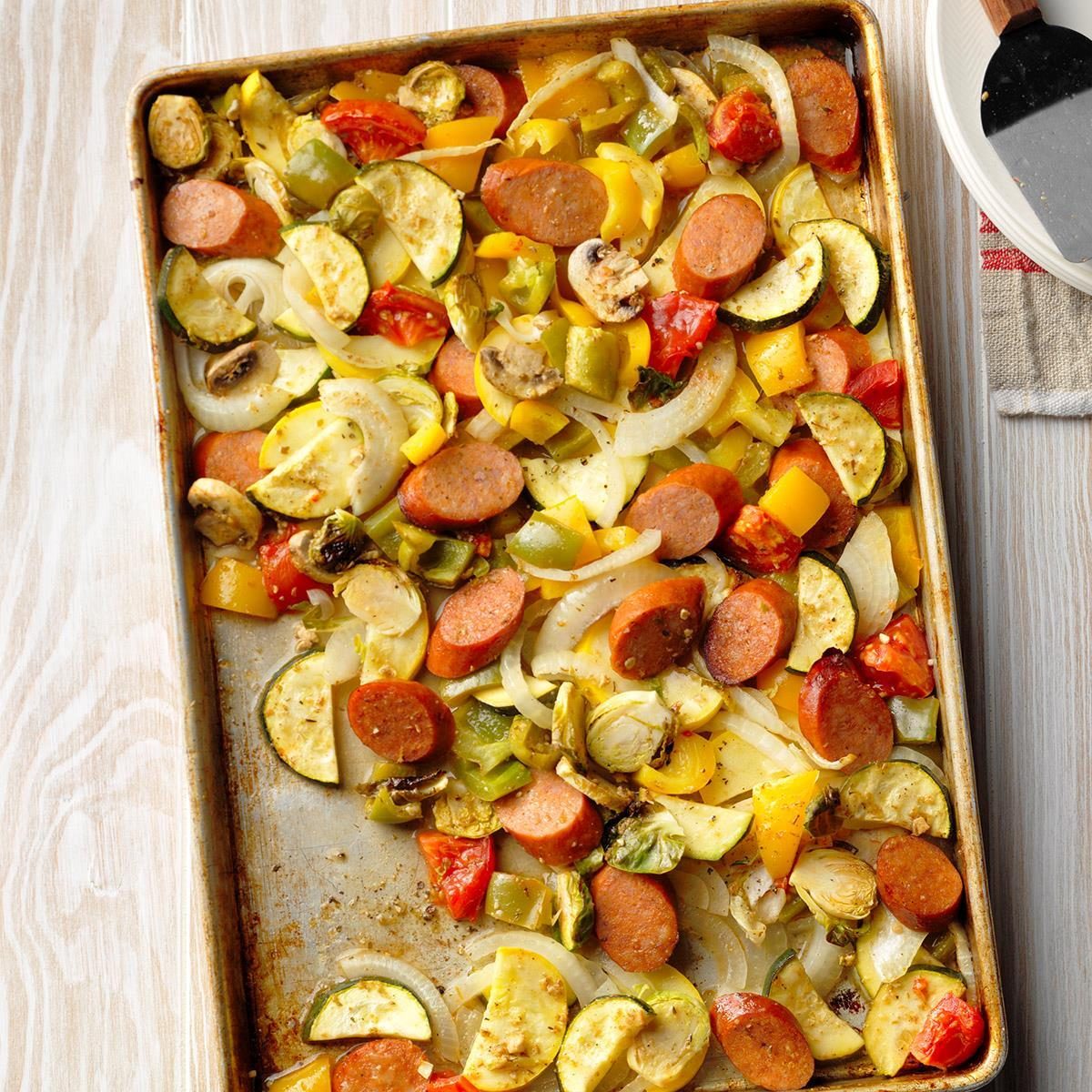 <p>This recipe is tasty and quick, and it can easily be doubled for last-minute dinner guests. Cook it in the oven or on the grill, and add the veggies of your choice. —Judy Batson, Tampa Florida</p> <div class="listicle-page__buttons"> <div class="listicle-page__cta-button"><a href='https://www.tasteofhome.com/recipes/smoked-sausage-and-veggie-sheet-pan-supper/'>Go to Recipe</a></div> </div>