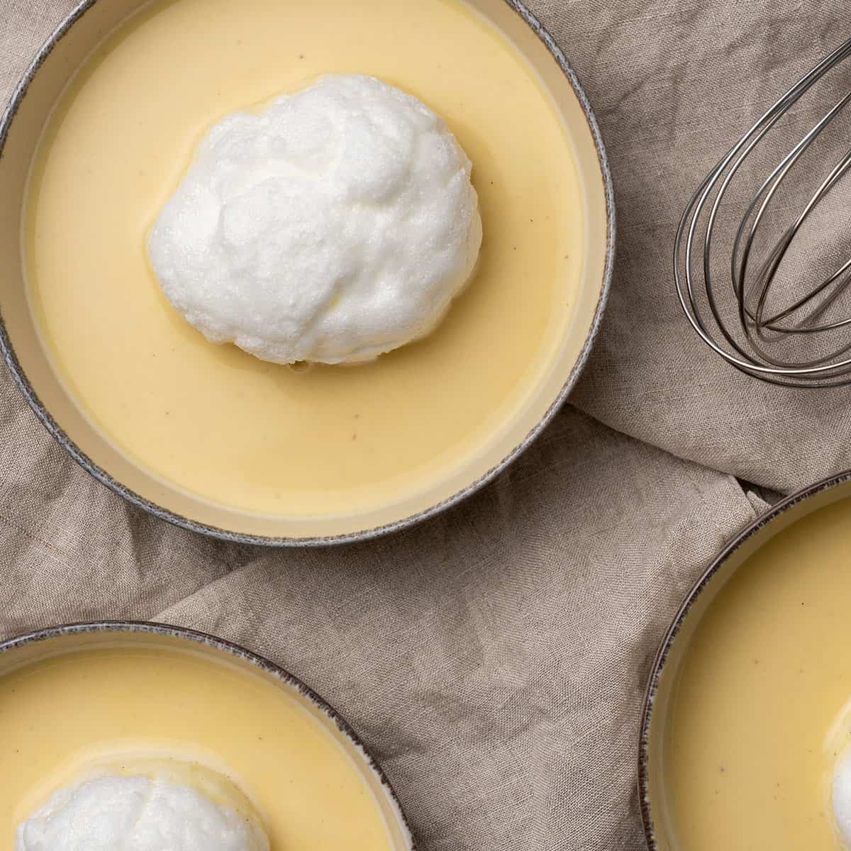 <p>Floating Island is a classic French dessert that resembles an island, hence the name! The dessert is effectively a <a href="https://www.spatuladesserts.com/creme-anglaise/">Crème Anglaise</a> custard with poached meringue floating on top, which sounds complicated but it is a lot easier to make than it sounds.</p> <p>This fancy-looking French dessert does not require baking and only contains simple ingredients so it is in fact quite simple to make yourself at home.</p> <p><strong>Get the recipe: <a href="https://www.spatuladesserts.com/floating-island-dessert/">Floating island</a></strong></p>