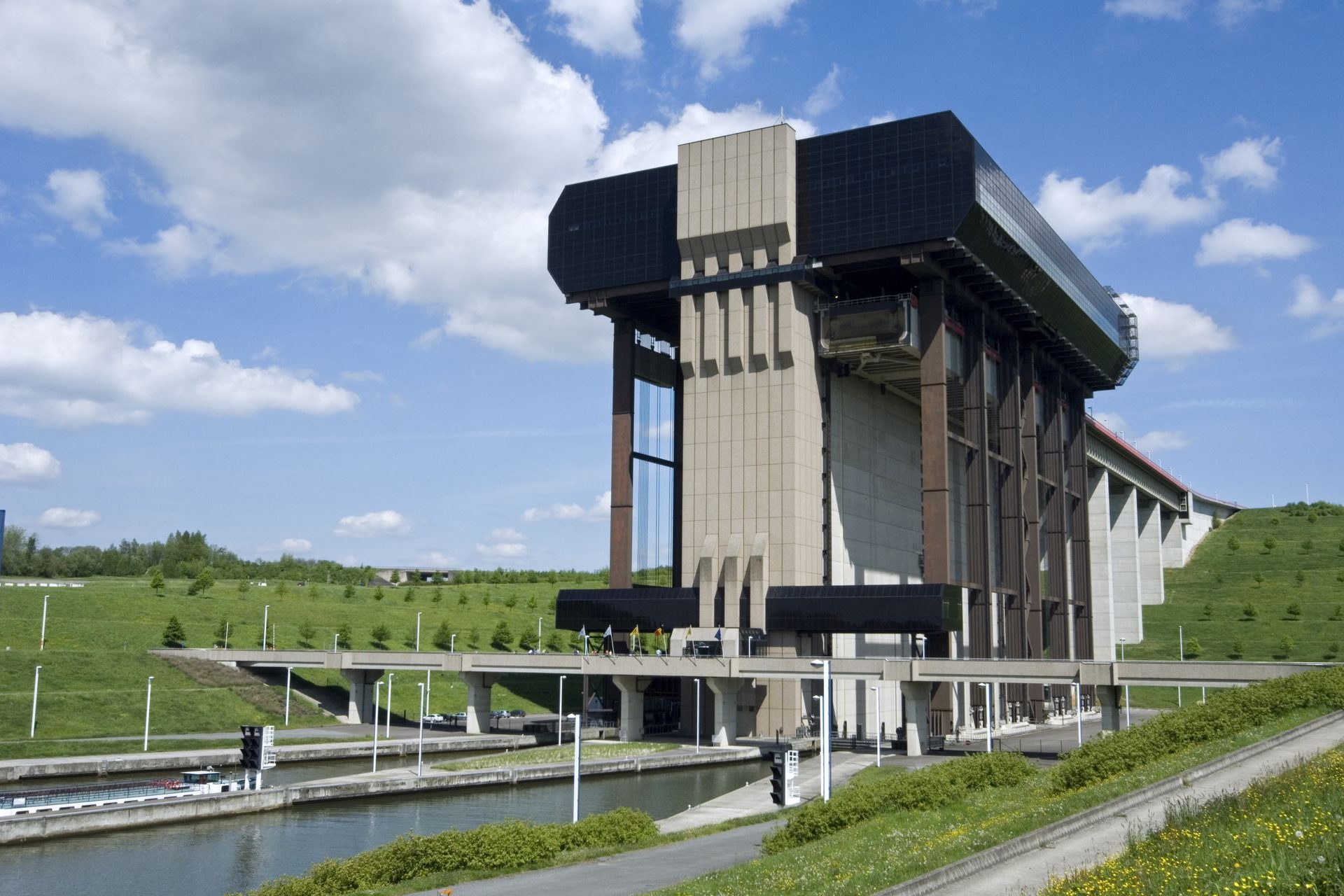 <p>Before being dethroned in 2016 by construction in China, the Strépy-Thieu boat elevator on the Canal du Centre was the largest in the world. Inaugurated in 2002, it reaches a height of 73 meters (240 ft).</p>