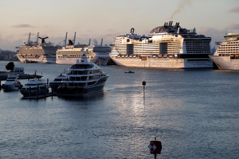 MSC Meraviglia, right, is docked with other ships at PortMiami, Sunday, March 15, 2020, in Miami Beach, Fla.