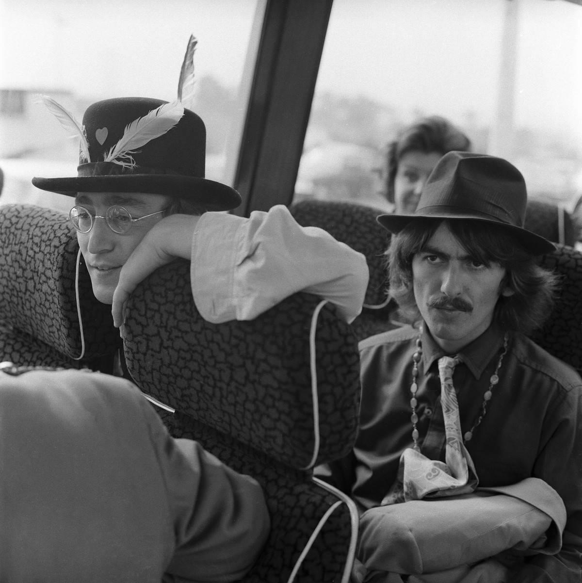 <p>In the mid-1960s, the British Invasion saw amazing bands such as The Beatles make their way to American soil. Here, Beatles guitarists John Lennon and George Harrison are seen in their tour bus, getting ready to film the <i>Magical Mystery Tour.</i></p> <p>While the film did not garner positive reviews, the soundtrack was met with critical acclaim.</p>