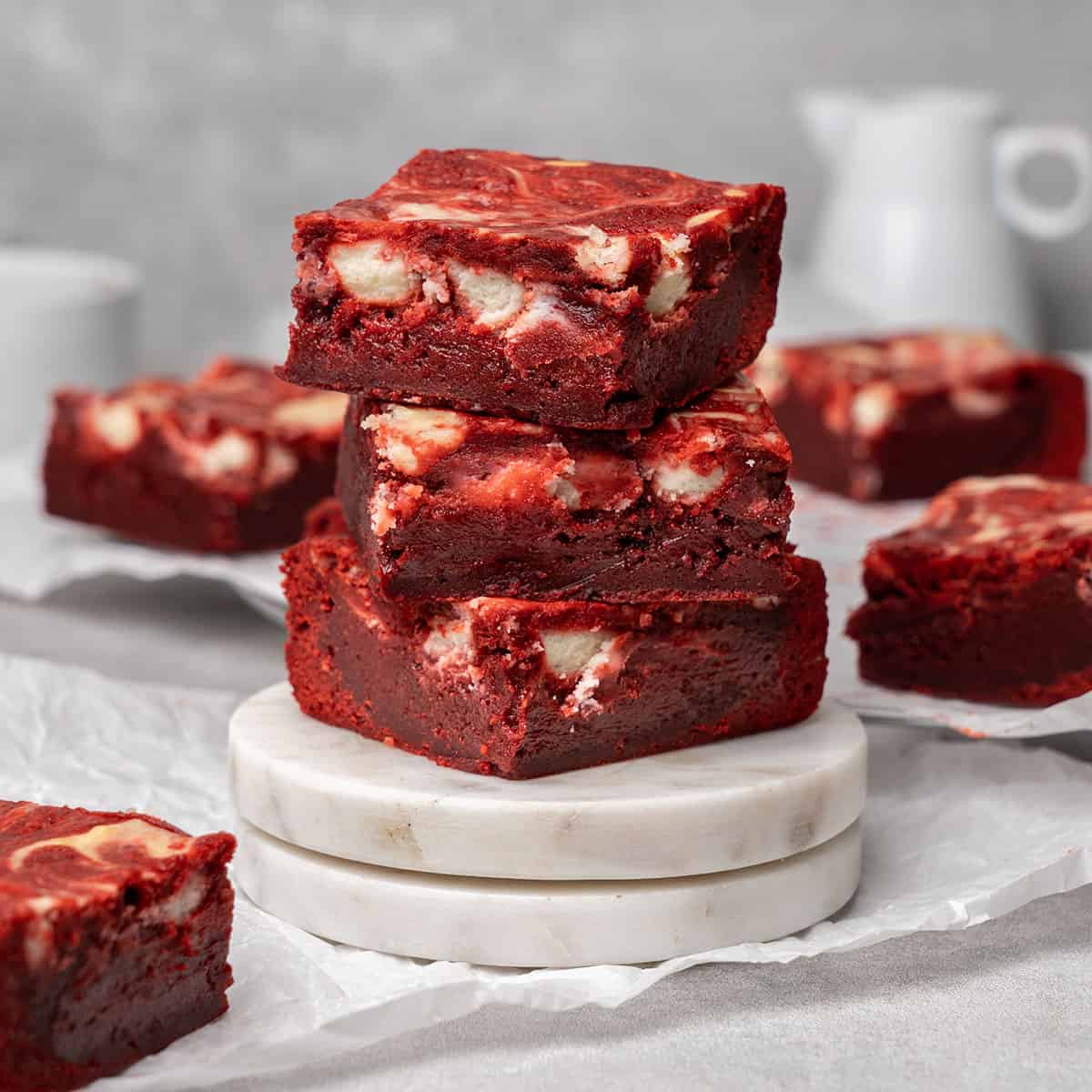 <p>These red velvet brownies are pure indulgence with their rich and fudgy texture. A luscious cream cheese swirl makes them even more decadent, showcasing these brownies as beautiful as they are easy to make. The secret to their dense and moist bite is skipping the baking powder and slightly underbaking them. This results in fudgey brownie bliss every time.</p> <p><strong>Go to the recipe: <a href="https://www.spatuladesserts.com/red-velvet-brownies/">Red Velvet Brownies</a></strong></p>