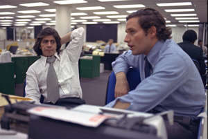 Reporters Bob Woodward, right, and Carl Bernstein, whose reporting of the Watergate case won a Pulitzer Prize, sit in the newsroom of The Washington Post in 1973.