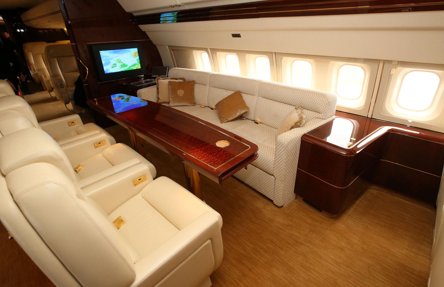 <p>The interior design of Trump's plane doesn't disappoint. The lounge area features cream leather seating that's been paired with tasteful walnut tables and cabinets.</p>  <p>The bathroom is dripping in 24-carat gold finishes and premium marble. The headrests of the plane's 43 seats are embroidered with the Trump family crest, and there's even an extra-special VIP area. Other facilities include a guest suite, a dining room, and a lounge that boasts a complete cinema entertainment system.</p>  <p>Trump's plane stayed grounded during his presidency as it lacks many of the security features of presidential jet Air Force One (which we'll see later). However, the 757 has been repainted and refurbished since he left office, and Trump has recently started using his plane once more.</p>