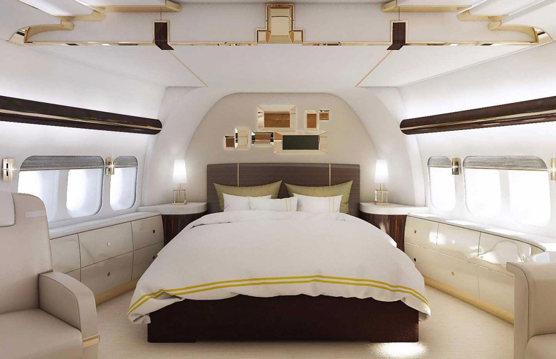 <p>The jet's interior aesthetic reportedly centers around an elegant palette of cream and gold.</p>  <p>The calming combination seems to be the color pairing of choice for the private jets of ultra-high net worth individuals, as demonstrated by the 747-8 master bedroom shown here. This luxurious space was designed and fitted by Greenpoint Technologies in 2016 for an anonymous buyer of a Boeing 747-8.</p>