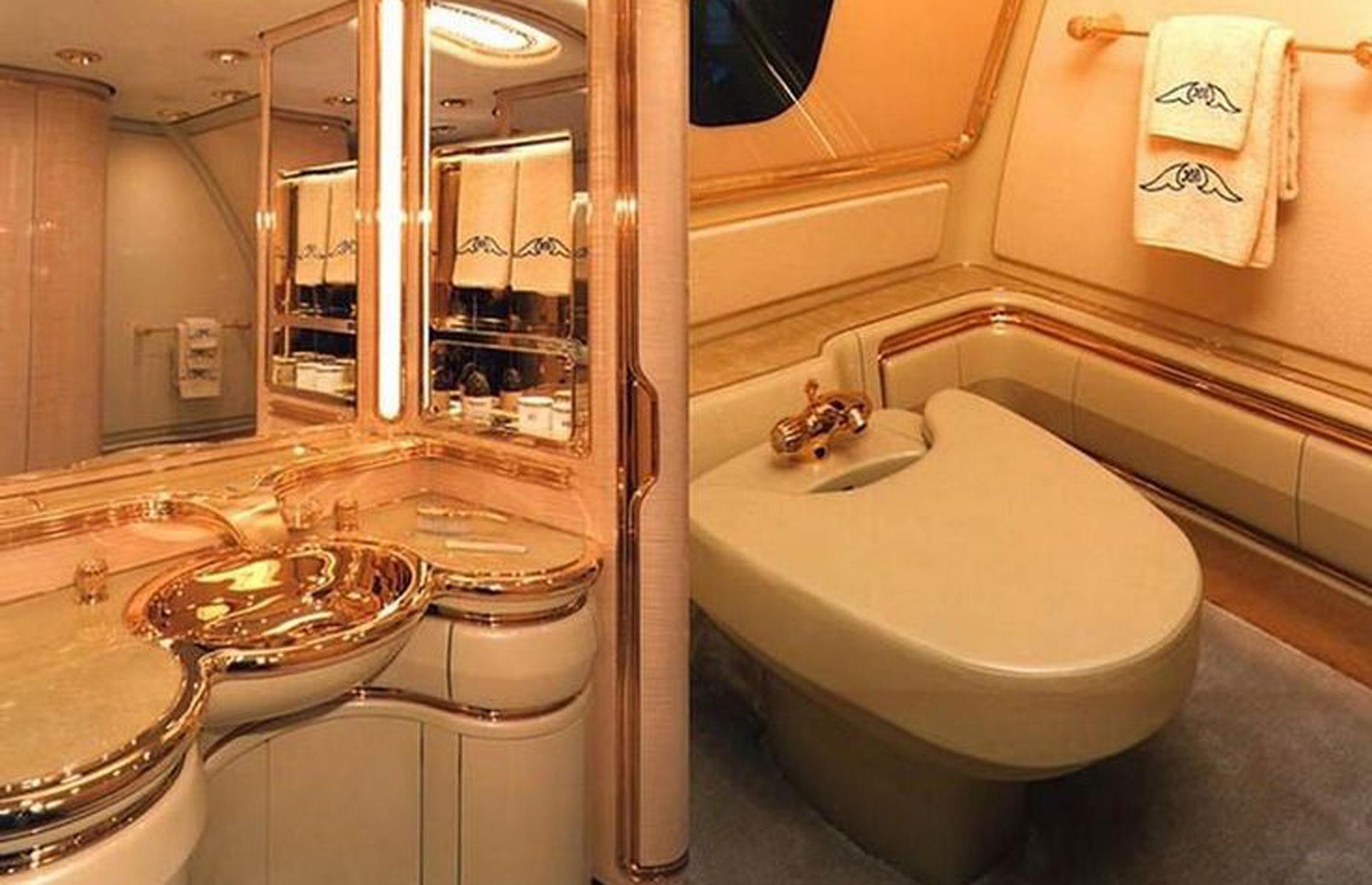 <p>The sultan's flagship aircraft is the definition of extravagance, with dazzling finishes at every turn throughout the cabin.</p>  <p>The royal bathroom in particular takes luxury to a whole new level, thanks to its solid 24-carat gold washbasin and sparkling Lalique crystal accents. </p>