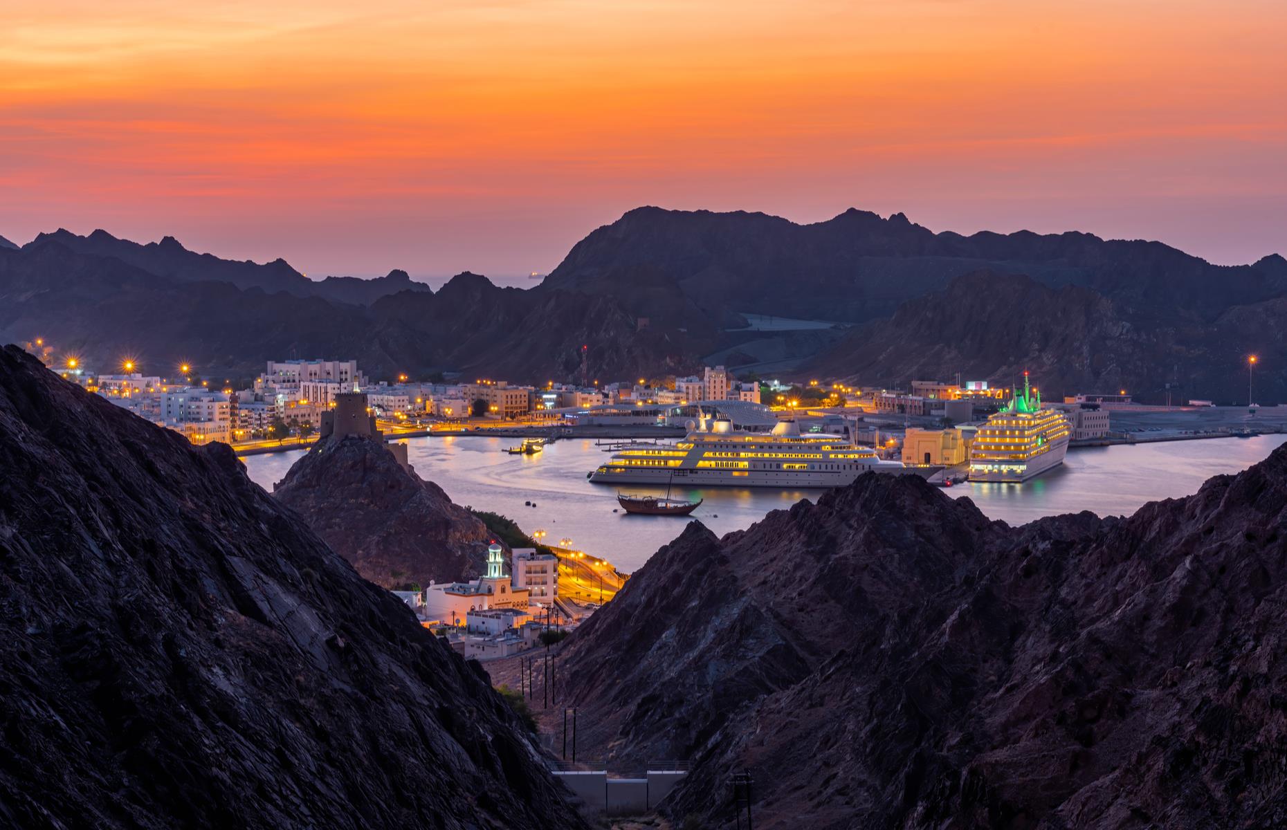 <p>Surrounded by jagged mountains, Muttrah Corniche is an attractive port on the western side of Muscat, the capital of Oman. The pretty waterfront is the city's old commercial centre and still the place to be today with a daily fish market, a bustling souk filled with vendors and more.</p>