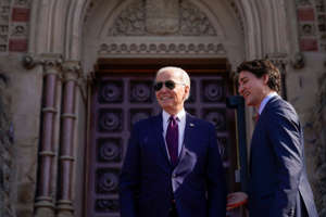 Canadian Prime Minister Justin Trudeau greets President Joe Biden as he arrives at Parliament Hill, Friday, March 24, 2023, in Ottawa, Canada. (AP Photo/Andrew Harnik)
