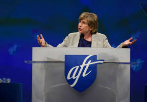 American Federation of Teachers President Randi Weingarten speaks to the audience at the annual convention of the American Federation of Teachers Friday, July 13, 2018 at the David L. Lawrence Convention Center in Pittsburgh, Pennsylvania. (Photo by Jeff Swensen/Getty Images)