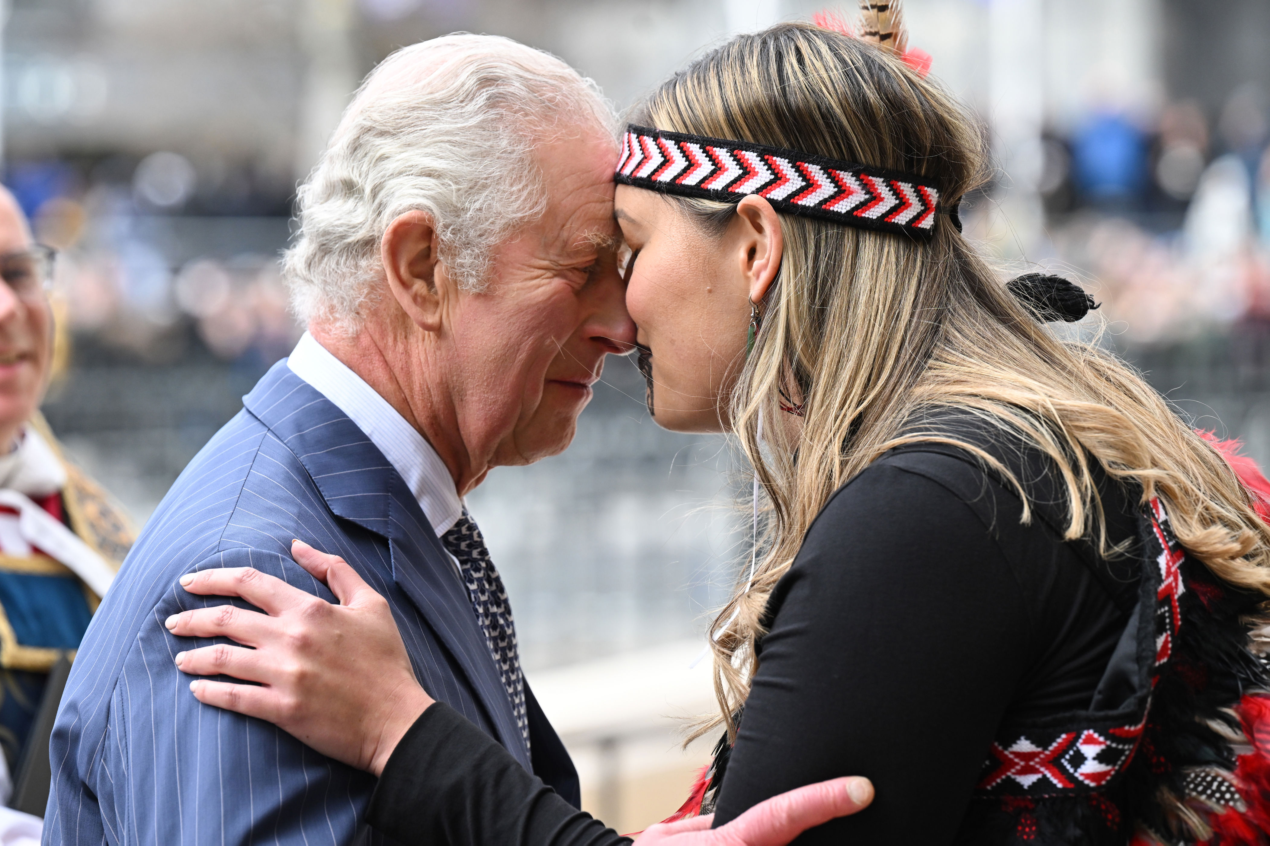<p>King Charles III greeted a member of the Ngati Ranana London Maori Club with a Hongi -- a traditional Maori greeting -- as he arrives for the annual Commonwealth Day Service at Westminster Abbey in London on March 13, 2023 -- the first of his new reign.</p>