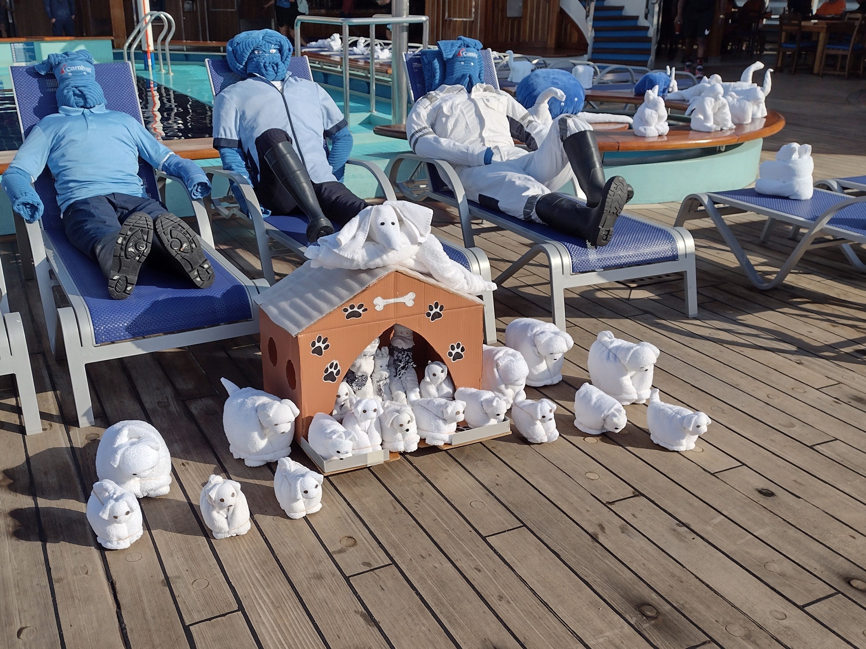 <p>As a repeat cruise guest, I've come to expect a cute towel animal in my stateroom after the steward tidies my cabin for the day.</p><p>But I love that Carnival takes this small detail a step further by hosting a towel animal takeover one morning of each sailing. That's when the crew makes hundreds of towel animals and fills the pool deck with their creations. </p><p>Late risers will easily miss this, so take note that on all my Carnival cruises, it's usually been on the last morning of the cruise.</p><p>I always smile when I wander to the Lido deck en route to the breakfast buffet and am greeted by a deck-wide spread of towel animals. They come in all shapes and sizes, all artfully crafted by the imaginative crew, and are a small reminder to me of how fun it is to sail with Carnival.</p>