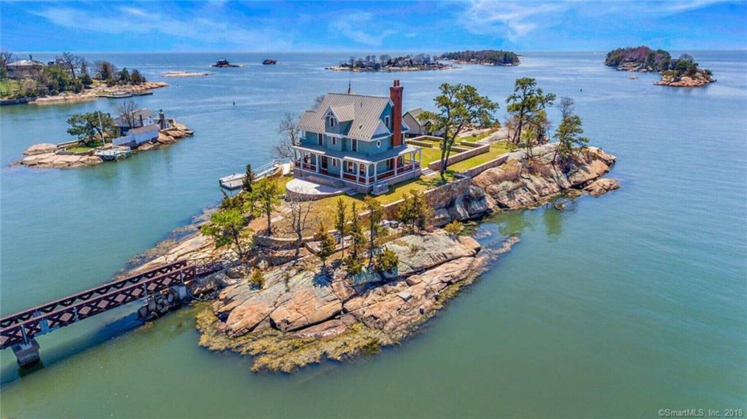 <p>No passport is necessary for this stunning sizeable private estate in the Thimble Islands. Enjoy breathtaking sunrises and sunsets from every side of the island and relax in the elegant home, fully equipped with a large kitchen and dining room, central air and stunning grounds.</p><p>This one-of-a-kind destination is easily accessible by a ferry boat that runs hourly all day, so you don’t have to worry about transport. Plus, if you’d like to bring your boat, there’s a dock on the island. The guest house is perfect for hosting family reunions or gatherings of up to 30 people, making this property an ideal spot for any special occasion.</p><p><a href="https://www.vrbo.com/1821134?adultsCount=2&arrival=2023-04-14&departure=2023-04-16&preferlocale=true">This unique island rental</a> is available from $1,188 per night for up to 12 people.</p>