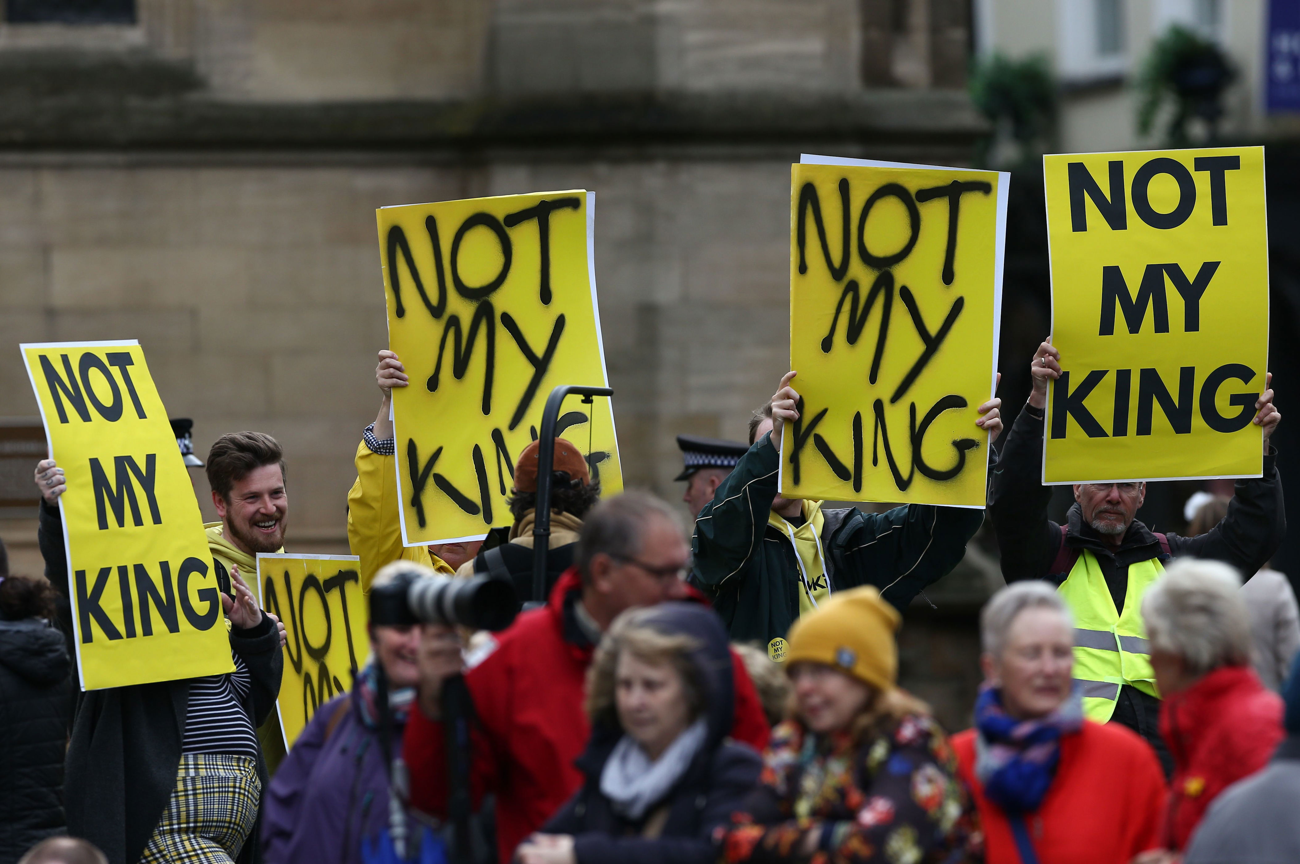 <p>Anti-monarchy protesters gathered outside York Minster, the second largest Gothic cathedral in Northern Europe, in York, England, on April 6, 2023, to greet King Charles and Queen Consort Camilla when they arrived for the Royal Maundy Service.</p>