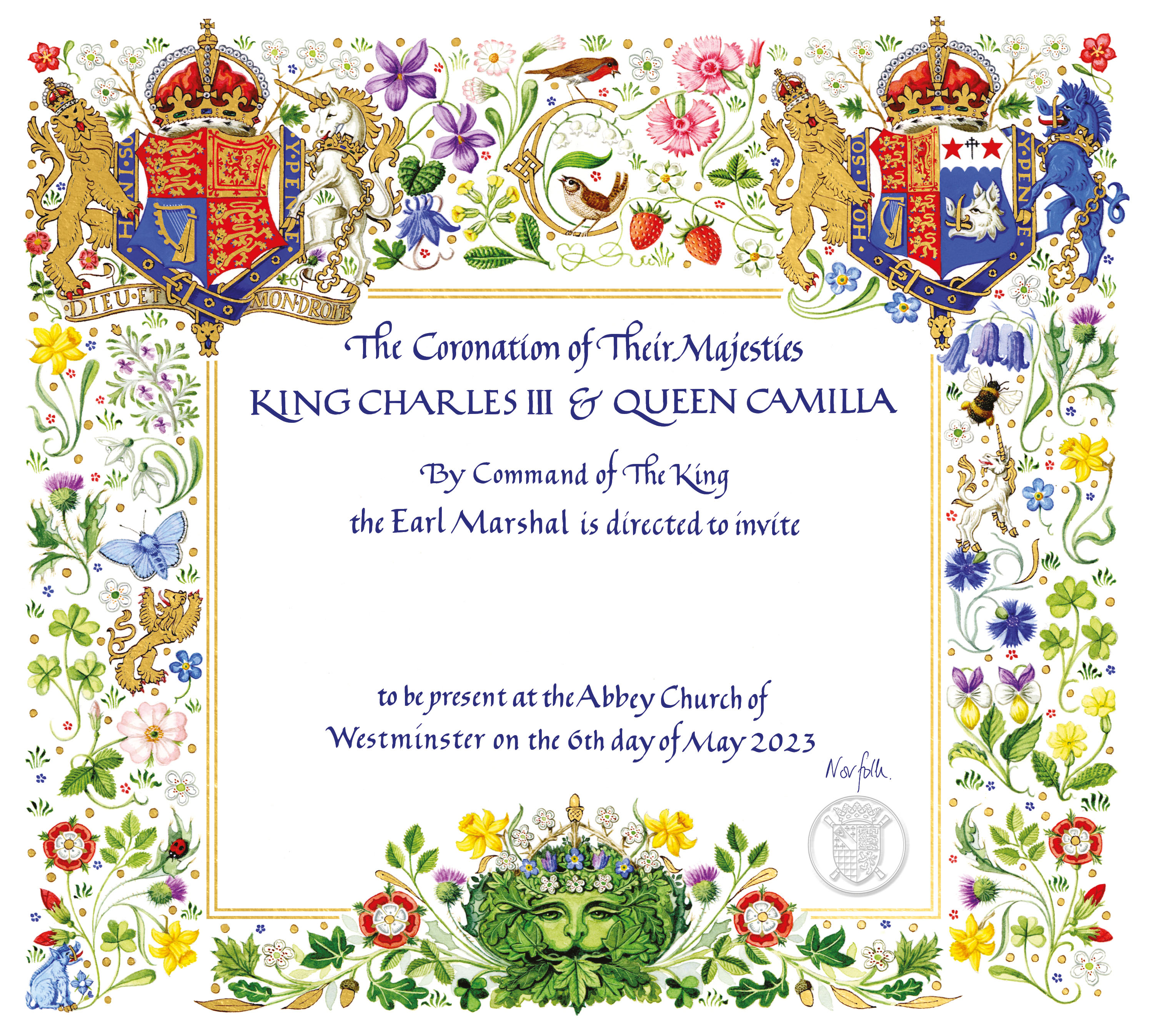 <p>On April 4, 2023, Buckingham Palace released this image of the invitation to the May 6, 2023, coronation of Britain's King Charles III in London. This invitation has been issued to more than 2,000 guests who are expected to attend the ceremony in Westminster Abbey. It was designed by heraldic artist and manuscript illuminator Andrew Jamieson. The original artwork was hand-painted in watercolor and gouache. The design, which recalls the coronation emblem, was reproduced and printed on recycled cards with gold foil detailing.</p>