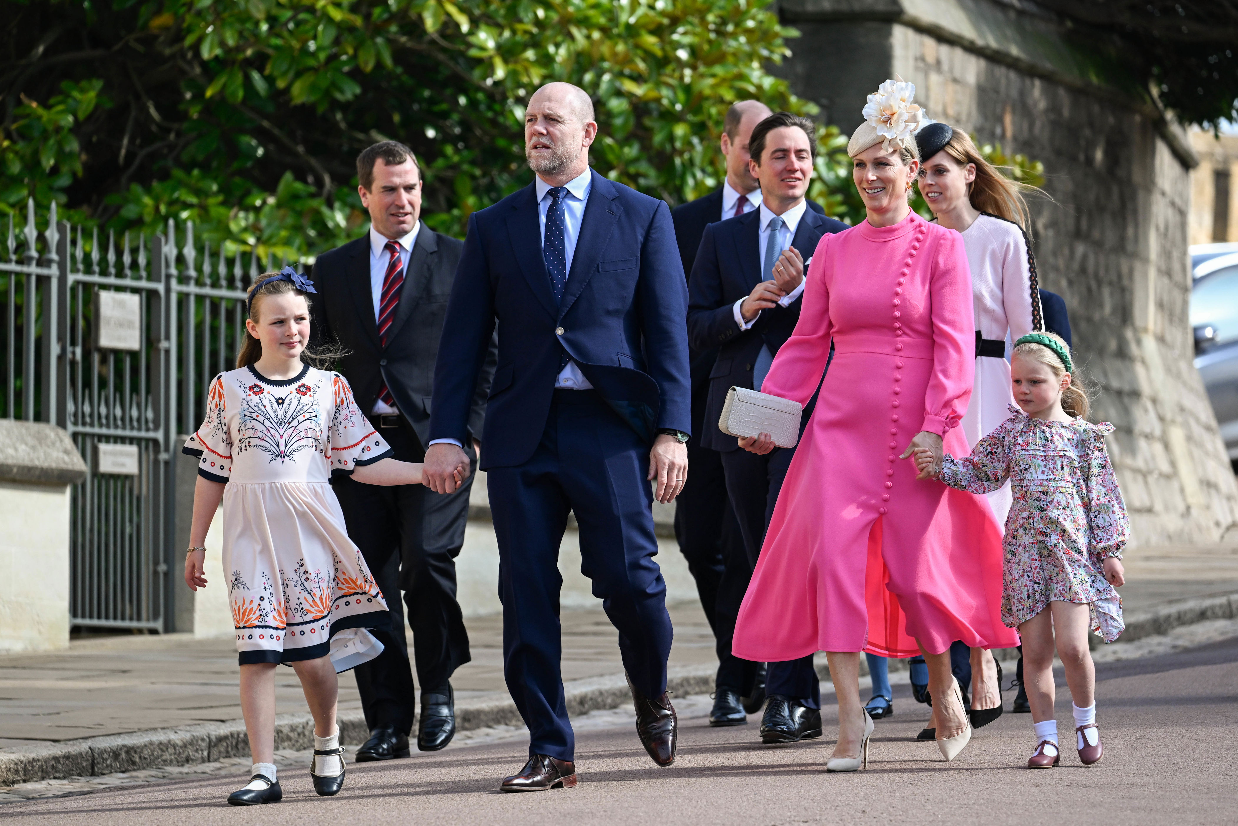 <p>Zara Phillips, husband Mike Tindall and their two daughters -- Mia Grace Tindall and Lena Elizabeth Tindall -- led a group of royals including her brother, Peter Phillips, and their cousin, Princess Beatrice, plus her husband, Edoardo Mapelli Mozzi, to the Easter Mattins Service at St. George's Chapel at Windsor Castle in England on April 9, 2023.</p>