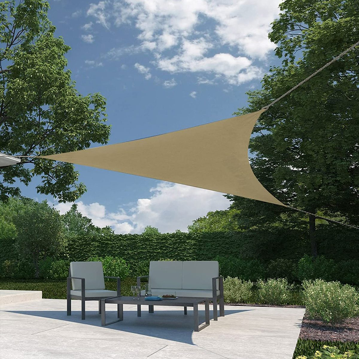 <h3 class="">Coolaroo Triangle Ready-to-Hang Shade Sail</h3> <p>If you're looking to hang a temporary shade sail for a <a href="https://www.familyhandyman.com/list/12-tips-for-planning-the-ultimate-backyard-barbecue/">backyard barbecue</a>, we love this <a href="https://www.amazon.com/dp/B074XD2VCQ" rel="noopener">triangle shade sail</a>. Available in five sizes and 10 color options, it protects against 90% of UV rays. With the included ropes, you can hang it up easily from a wall, post or even a tree—no tools required! Then, simply untie and fold it up when you're done.</p> <p><strong>Pros</strong></p> <ul> <li class="">Includes ropes for quick hanging</li> <li>Wallet-friendly price</li> <li class="">Blocks up to 90% of UV rays</li> </ul> <p><strong>Cons</strong></p> <ul> <li>Material may not be as durable as other options</li> </ul> <p class="listicle-page__cta-button-shop"><a class="shop-btn" href="https://www.amazon.com/dp/B074XD2VCQ">Shop Now</a></p>