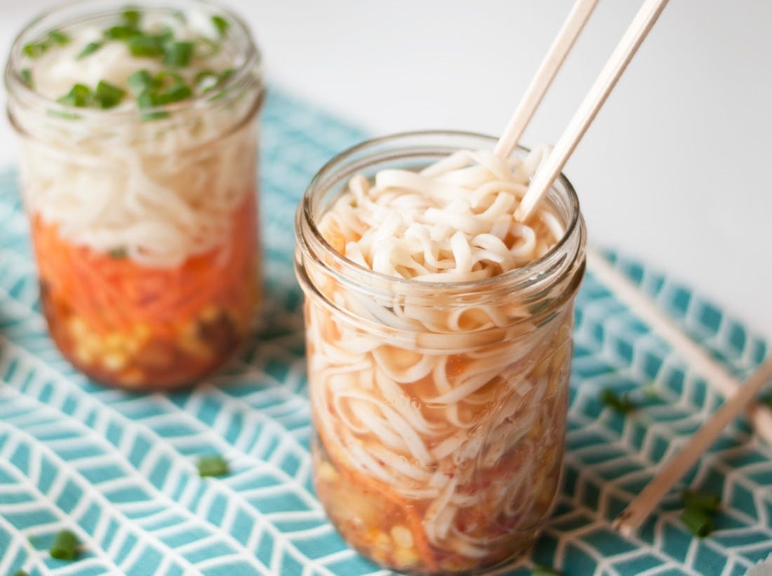 Pre-cooked protein and veggies don't just have to form <strong><a href="https://www.brit.co/living/healthy-eating/macro-bowls/">grain bowls</a></strong>. Liven up your lunch with a fun, healthier take on Cup Noodles. (via <strong><a href="https://www.brit.co/mason-jar-ramen/">Brit + Co.</a></strong>)