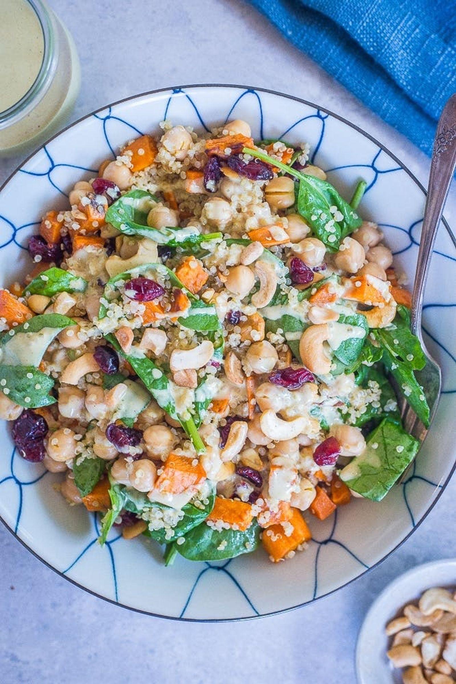 This is one amazing salad in terms of taste, nutritional value, <em>and </em>meal prep-ability. (via <strong><a href="https://www.shelikesfood.com/quinoa-chickpea-sweet-potato-salad/">She Likes Food</a></strong>)