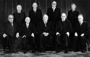 This is a 1982 official portrait of the Supreme Court. Seated from left are Thurgood Marshall; William Brennan Jr.; Chief Justice Warren Burger, Byron White and Harry Blackmun. Standing from left, John Paul Stevens, Lewis Powell, William Rehnquist and Sandra Day O'Connor.