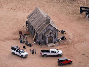 This aerial photo shows the movie set of "Rust" at Bonanza Creek Ranch in Santa Fe, N.M., on Oct. 23, 2021.