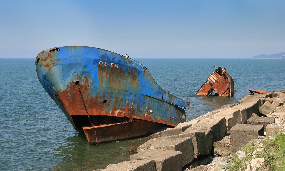 <p>Along the shore of Batumi, Georgia’s main coastal town, a Turkish tanker called The Özlem (Turkish for “Desire”) ran ashore and was thus abandoned. Decay caused the ship to completely break in half, and eventually, the middle section sank into the water, but the blue-colored, rusted ends still jut out of the water today. </p> <p>The colorful wreck has now become a bit of a tourist attraction for the area, and the kids from the surrounding towns love to use the remains as a diving board into the ocean.</p>