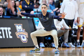 COLUMBUS, OHIO - MARCH 19: Head coach Shaka Smart of the Marquette Golden Eagles reacts against the Michigan State Spartans during the second half in the second round game of the NCAA Men's Basketball Tournament at Nationwide Arena on March 19, 2023 in Columbus, Ohio. (Photo by Andy Lyons/Getty Images) Andy Lyons&sol;Getty Images