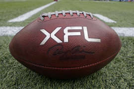 ARLINGTON, TEXAS - FEBRUARY 18: A ball showing the XFL logo is seen on the field before the game between the Arlington Renegades and the Vegas Vipers at Choctaw Stadium on February 18, 2023 in Arlington, Texas. (Photo by Sam Hodde/Getty Images) Sam Hodde&sol;Getty Images