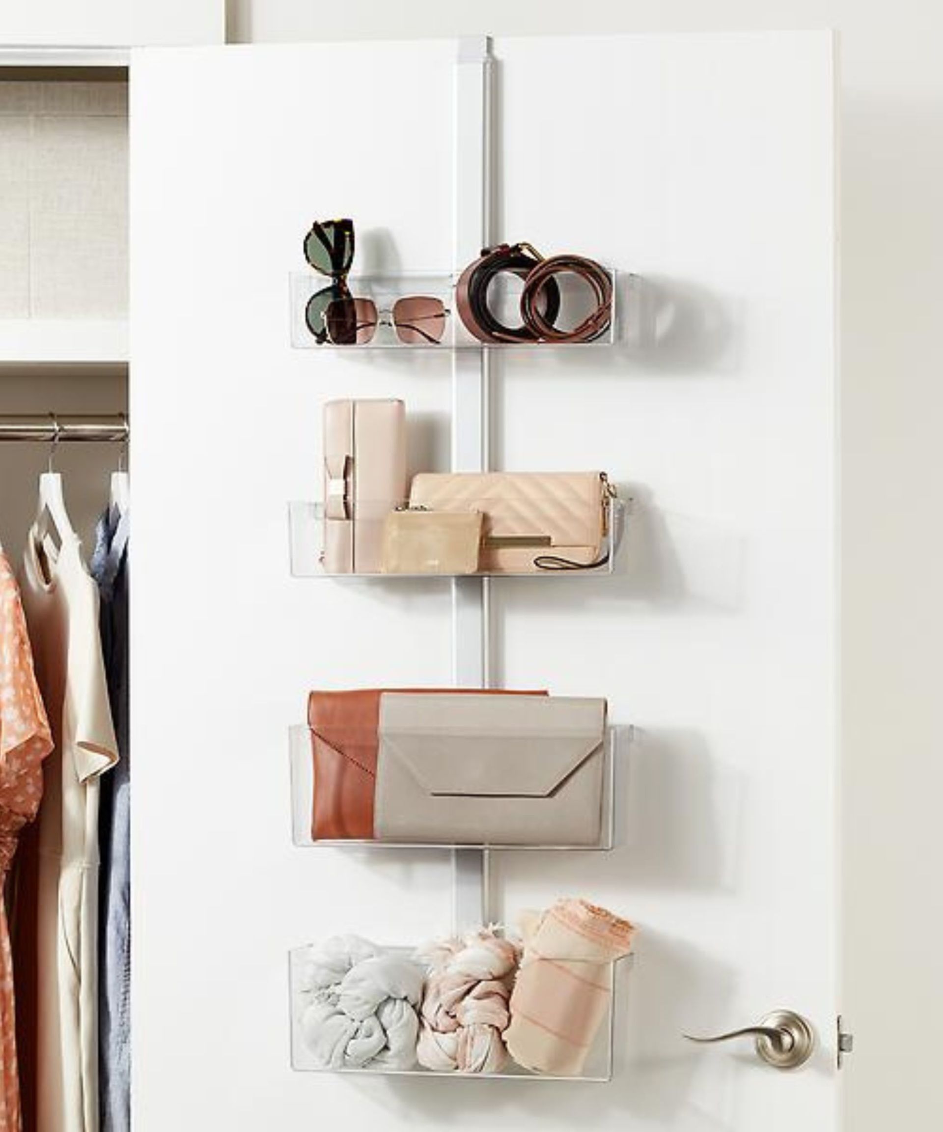 <p>                     Over-the-door organizers are one of the best space-saving options for small space storage on the market, and with many of them offering full customization, they are perfect for storing a purse collection that has a variety of shaped and sized options.                    </p>                                      <p>                     Consider a door organizer with baskets to stand your purses up, or add hooks to hang smaller lightweight purses in groups.                    </p>