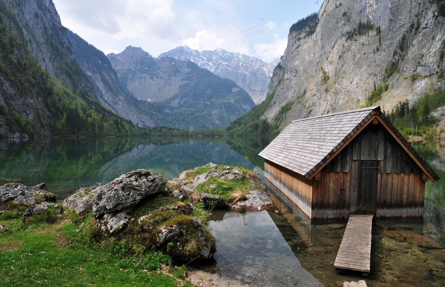 <div>Separated from its big sibling Königssee by a moraine wall, but joined by a hiking trail, Obersee is a small natural lake in Berchtesgaden National Park. On its northern shore lies an abandoned wooden boathouse, thought not to have been used since fishing was outlawed on the lake in 1978 when the national park was founded. It's become an incredibly popular spot for photographers and social media content creators.</div>