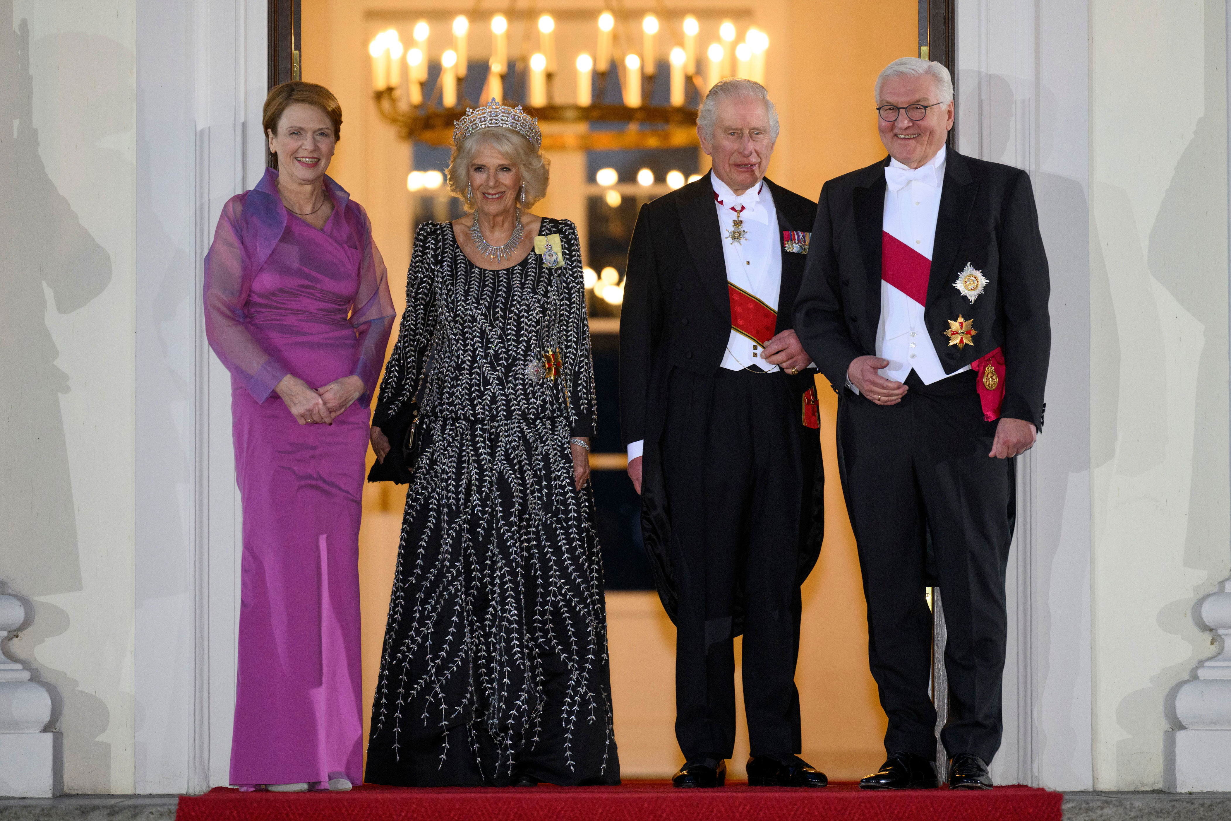 <p>King Charles III and Queen Consort Camilla posed with Germany's President Frank-Walter Steinmeier and first lady Elke Budenbender outside a State Banquet at Schloss Bellevue in Berlin, Germany, hosted by the president on March 29, 2023, on the first day of <a href="https://www.wonderwall.com/celebrity/king-charles-iii-and-queen-consort-camilla-the-best-photos-from-their-state-visit-to-germany-720122.gallery">the British royals' state visit to Germany</a>.</p>